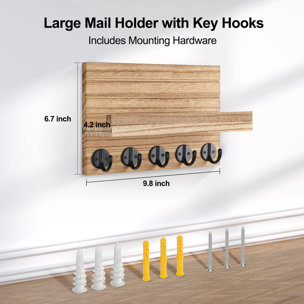 Lwenki Key Holder for Wall, Decorative Key and Mail Holder with Shelf Has Large Hooks for Bags, Coats, Umbrella – Paulownia Wood Key Hanger with Mounting Hardware (9.8”W x 6.7”H x 4.2”D)