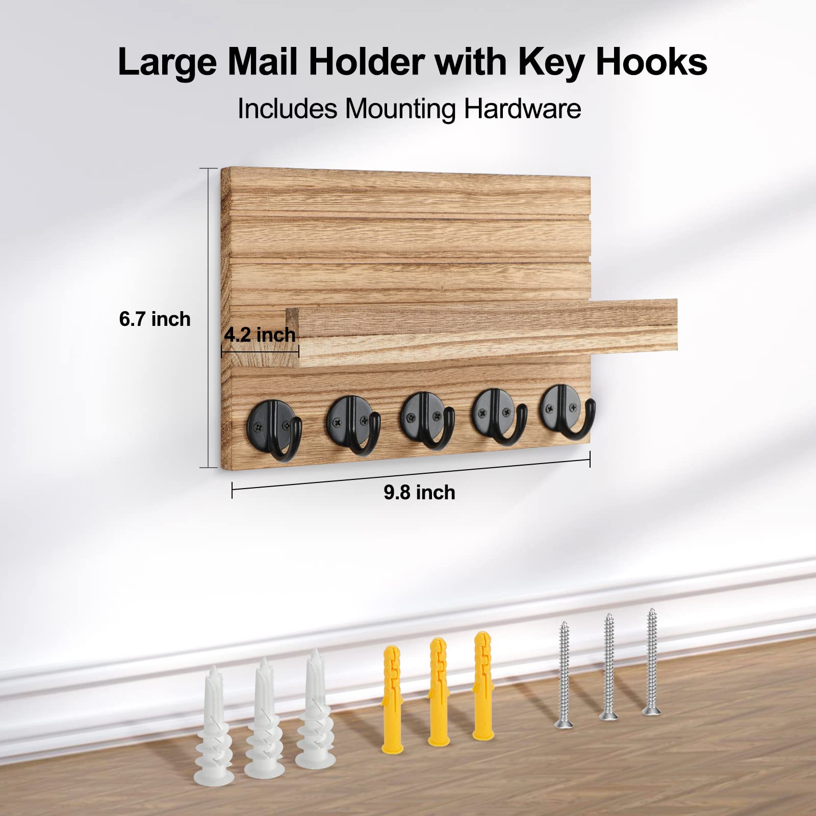Lwenki Key Holder for Wall, Decorative Key and Mail Holder with Shelf Has Large Hooks for Bags, Coats, Umbrella – Paulownia Wood Key Hanger with Mounting Hardware (9.8”W x 6.7”H x 4.2”D)