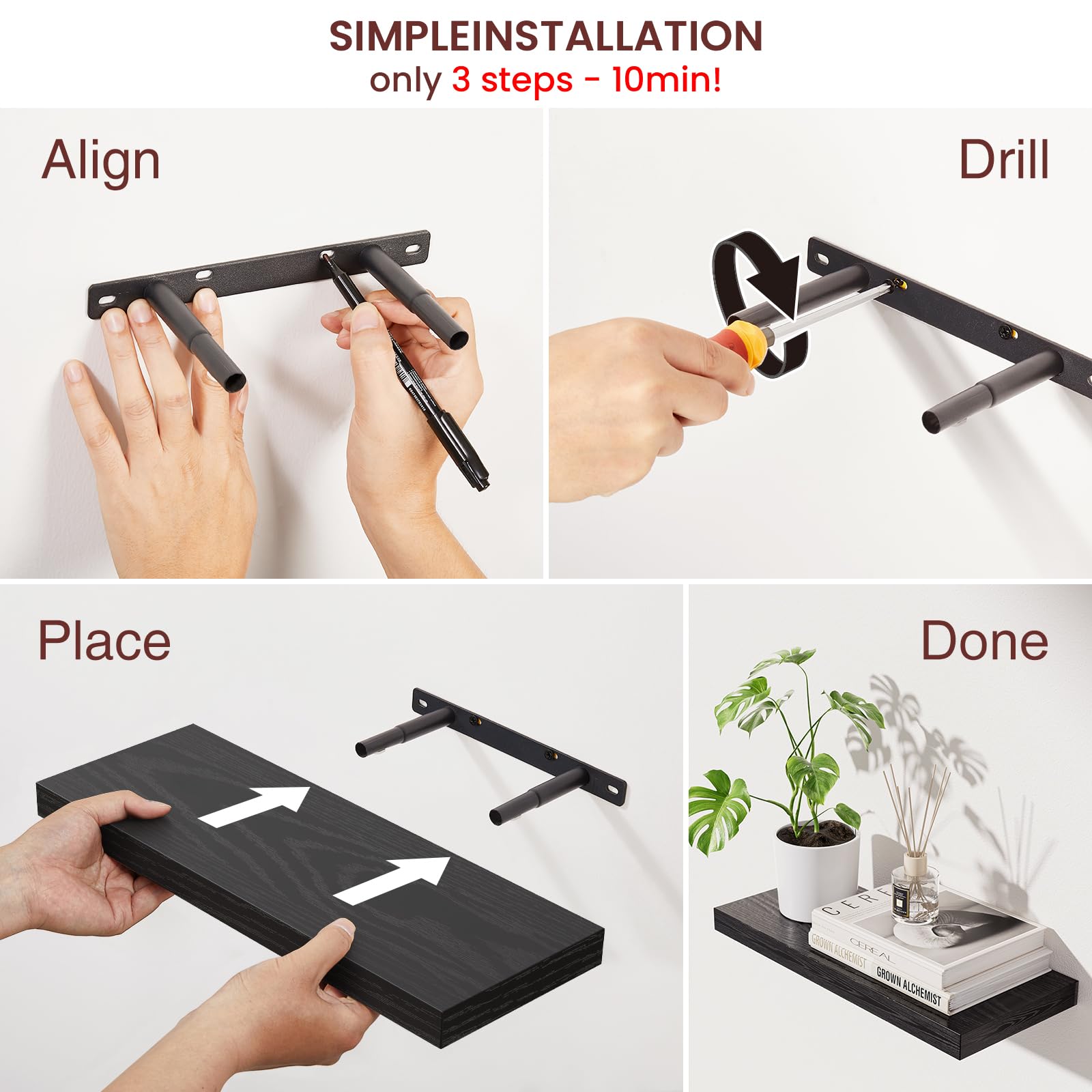 BAYKA Floating Shelves for Wall, Wall Mounted Rustic Wood Shelves for Bathroom, Bedroom, Living Room, Kitchen, Hanging Shelf for Books/Storage/Room Decor with 22lbs Capacity (Black, Set of 3, 15.7in)