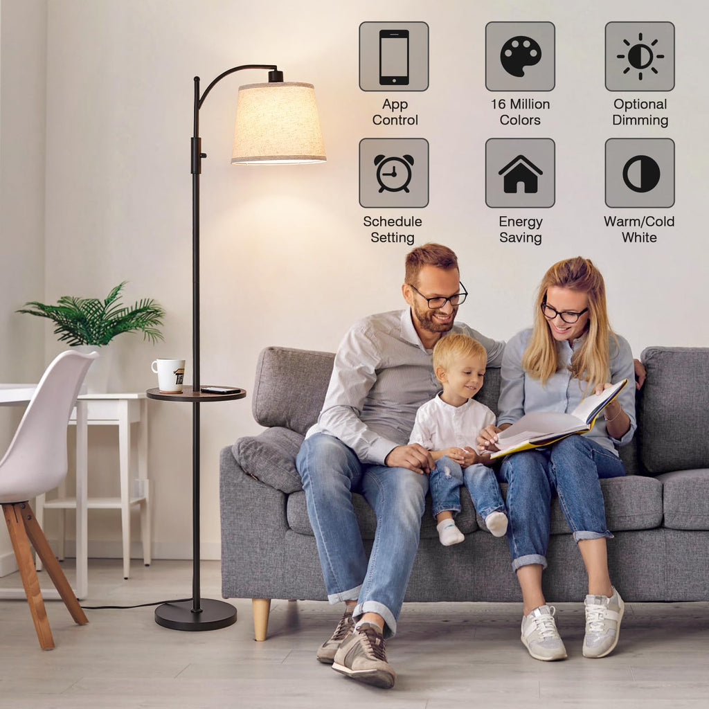 AIDENOEY Fully Dimmable Floor Lamp for Living Room，Standing Lamp Rotary Switch with Table&Linen Beige Shade，Golden Tall Lamps for Bedroom with Adjust Head，9W LED Bulb Included