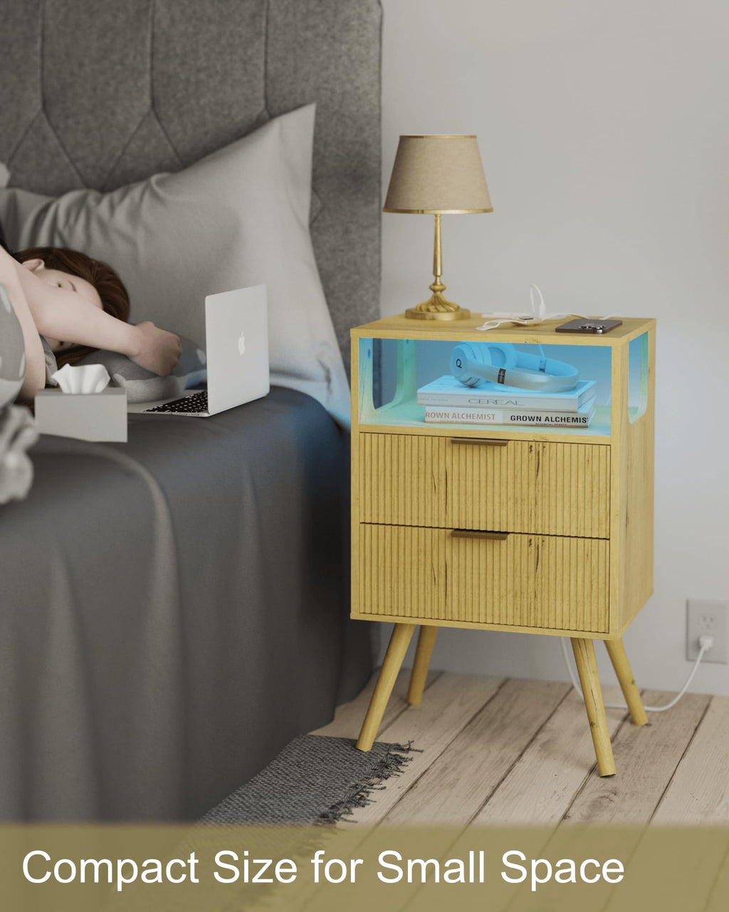 JOONEE Black Nightstand with Charging Station and LED Lights,Modern Bedside Table with 2 Storage Drawer and Open Wood Shelf, for Bedroom and Small Spaces,Night Stand with Solid Wood Legs,Black