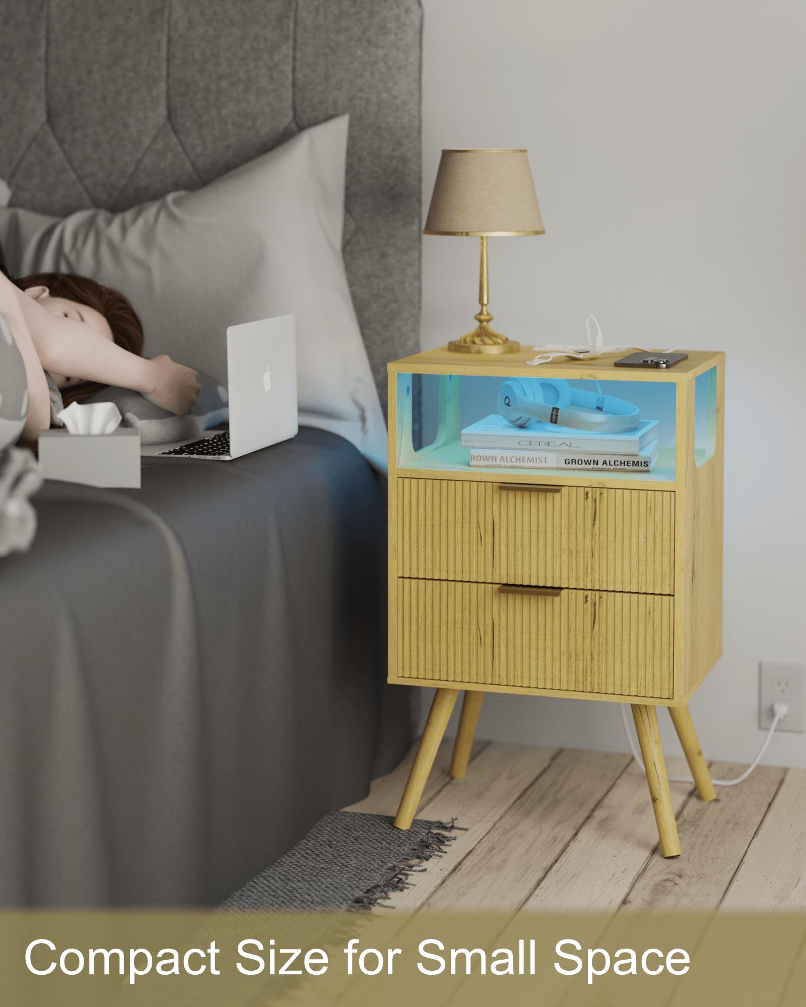 JOONEE Black Nightstand with Charging Station and LED Lights,Modern Bedside Table with 2 Storage Drawer and Open Wood Shelf, for Bedroom and Small Spaces,Night Stand with Solid Wood Legs,Black