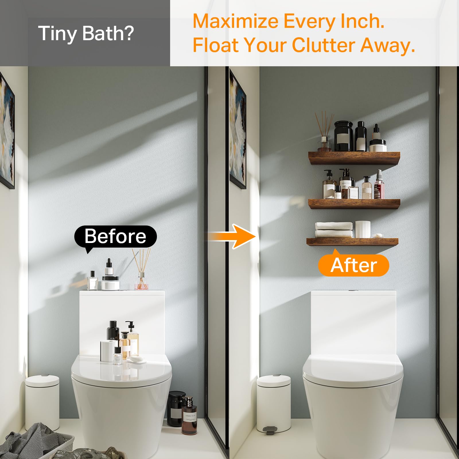 BAYKA Floating Shelves for Wall, Wall Mounted Rustic Wood Shelves for Bathroom, Bedroom, Living Room, Kitchen, Hanging Shelf for Books/Storage/Room Decor with 22lbs Capacity (Black, Set of 3, 15.7in)