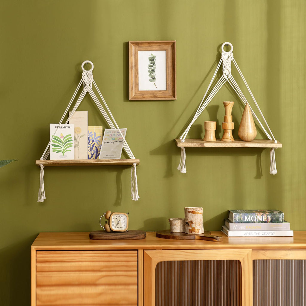 Mkono Macrame Hanging Shelves Boho Wall Decor Set of 2 Rustic Wood Floating Storage Shelf for Bedroom Bathroom Living Room Nursery Dorm Room, Display Shelving for Hanging Plants Photos