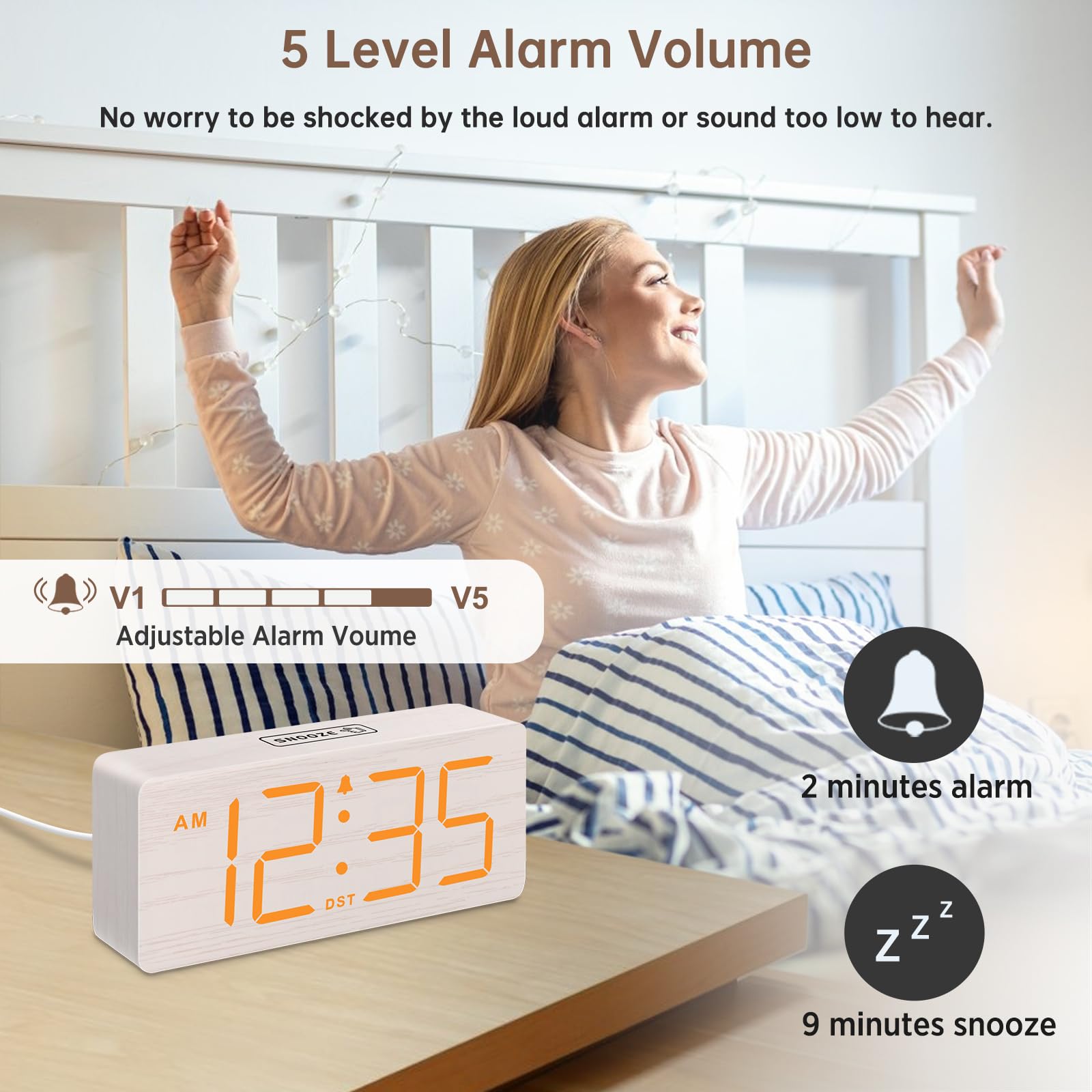 DreamSky Wooden Digital Alarm Clock for Bedroom - Desk Clock for Living Room with Large Numbers, Dimmer, Loud Alarm for Heavy Sleepers with Volume Control, DST, Office Wood Decor (Plug in Clock)