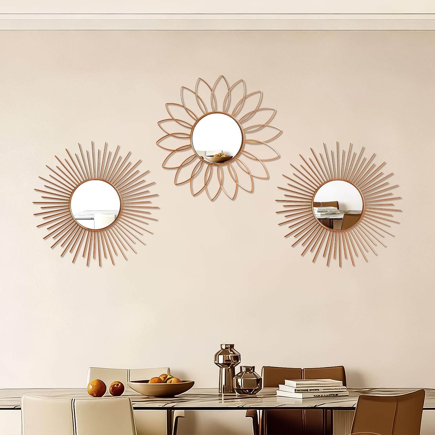 3 Pack Metal Mirrors for Wall Sunburst Wall Mirrors Home Décor Decorative Hanging Wall Art for Living Room Bedroom Entryway (Gold, Flower+Sunburst)