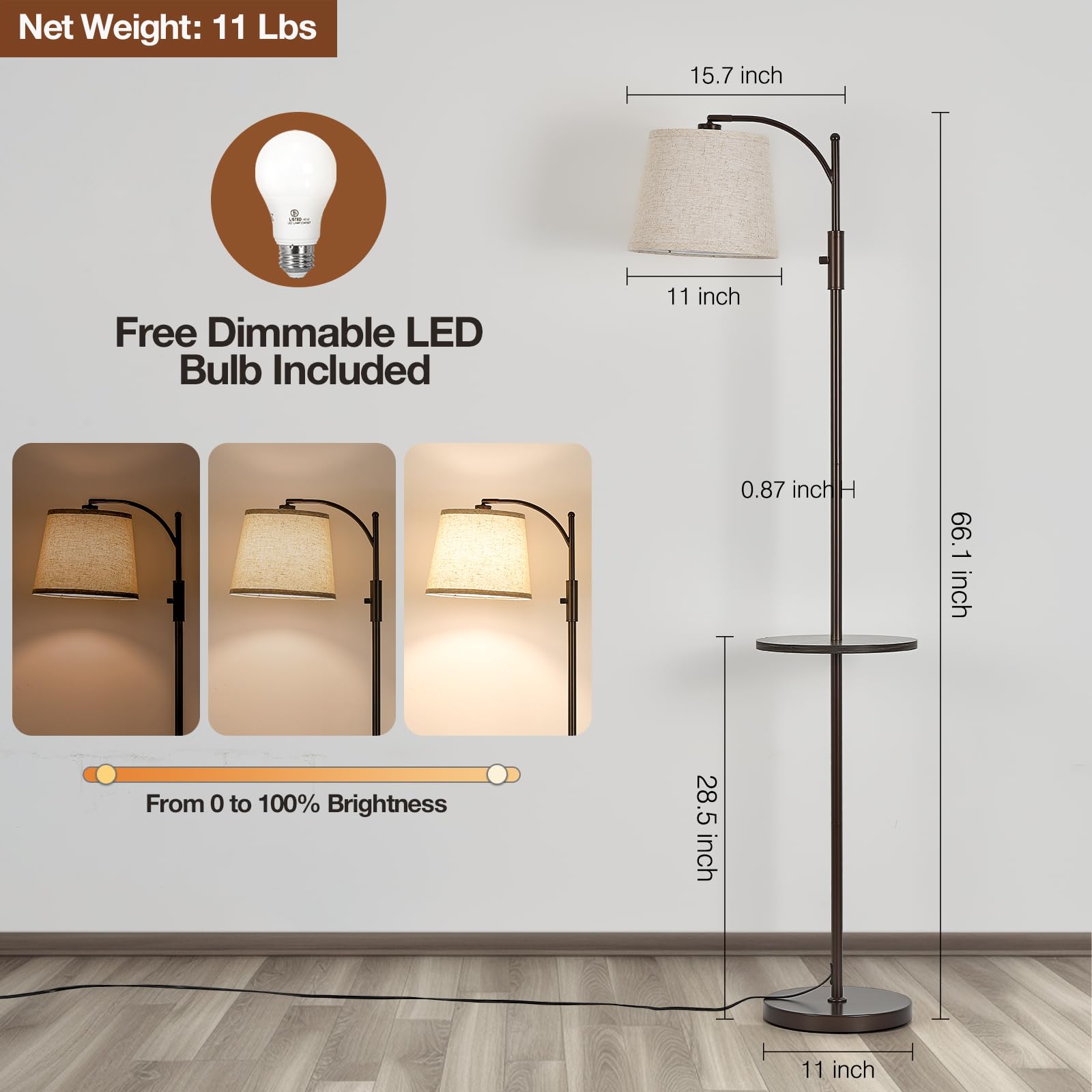 AIDENOEY Fully Dimmable Floor Lamp for Living Room，Standing Lamp Rotary Switch with Table&Linen Beige Shade，Golden Tall Lamps for Bedroom with Adjust Head，9W LED Bulb Included