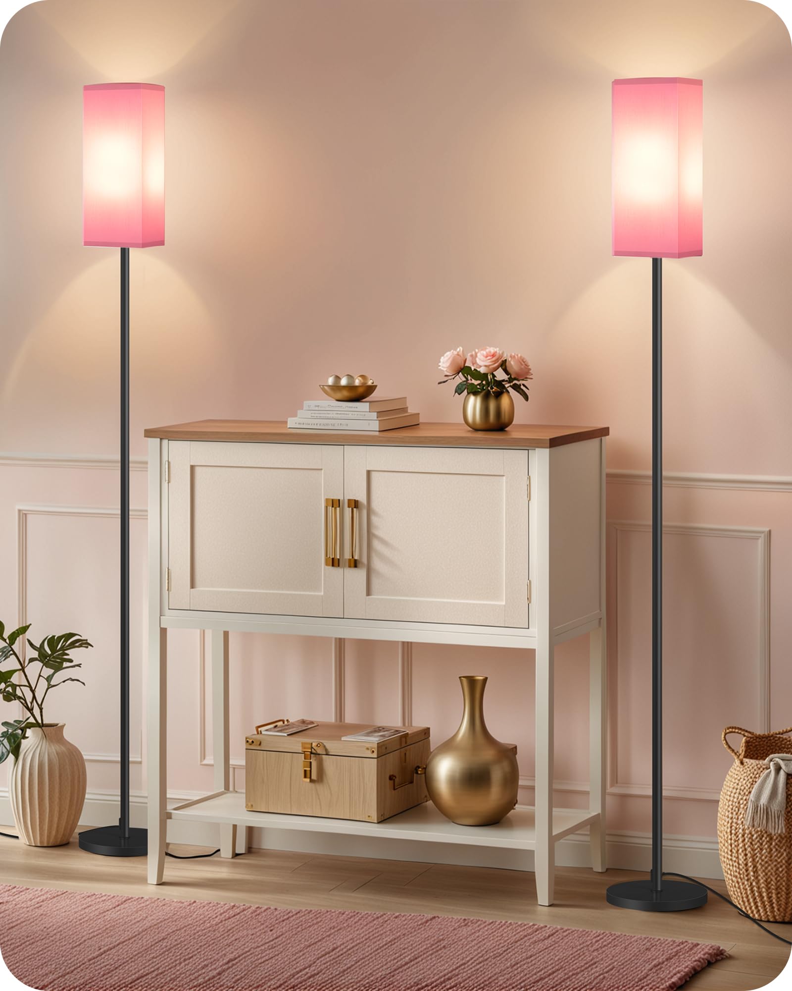 2 Pack Floor Lamp, Pole Lamp with Foot Switch, Modern Standing Lamp Lampshade, Minimalist Freestanding Lamp (Bulb Not Included), for Living Room, Bedroom Office, Black and Beige E07LDP205