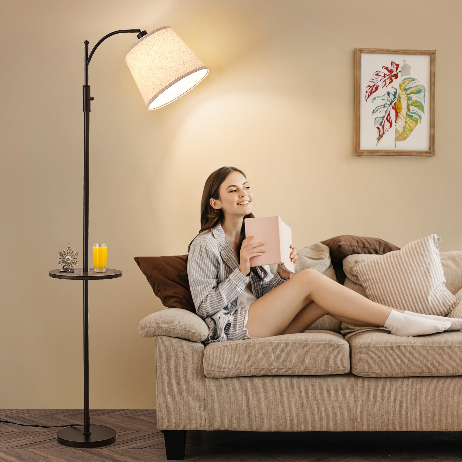 AIDENOEY Fully Dimmable Floor Lamp for Living Room，Standing Lamp Rotary Switch with Table&Linen Beige Shade，Golden Tall Lamps for Bedroom with Adjust Head，9W LED Bulb Included