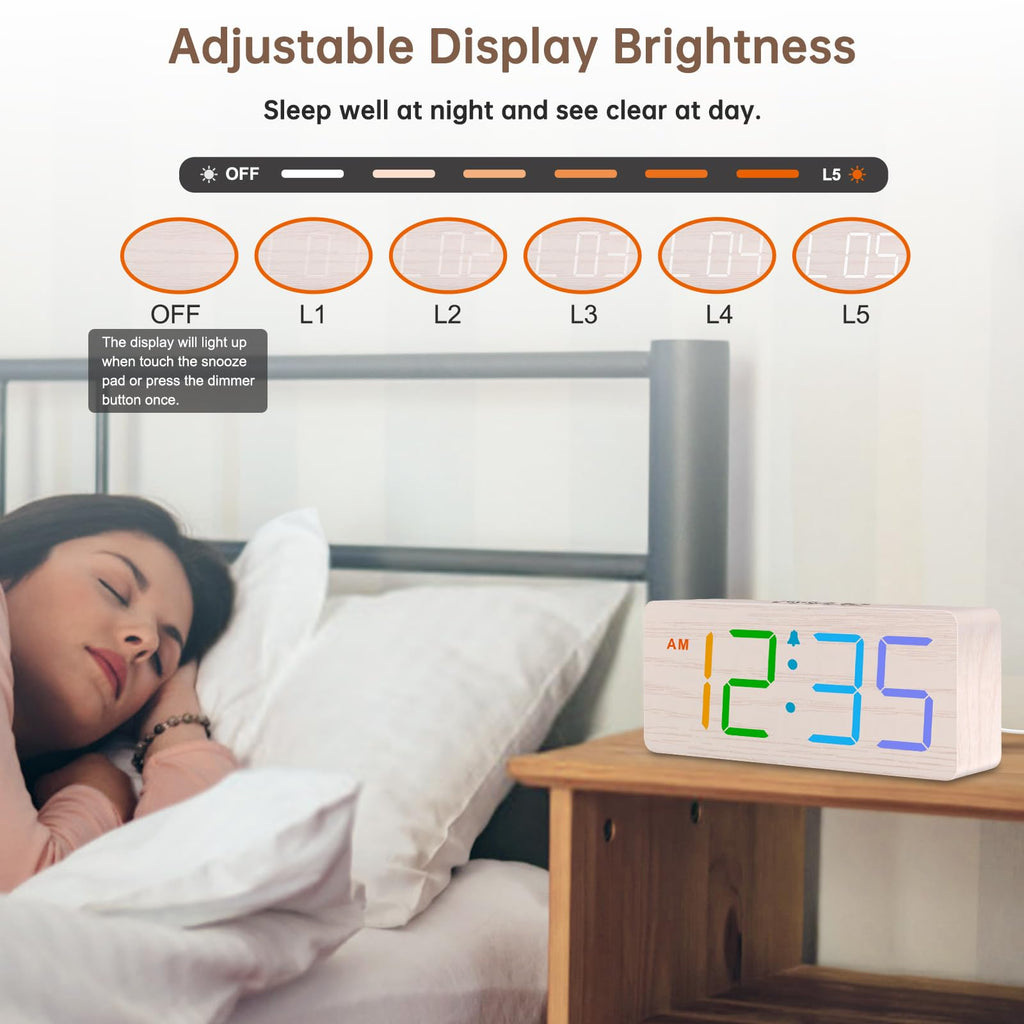 DreamSky Wooden Digital Alarm Clock for Bedroom - Desk Clock for Living Room with Large Numbers, Dimmer, Loud Alarm for Heavy Sleepers with Volume Control, DST, Office Wood Decor (Plug in Clock)
