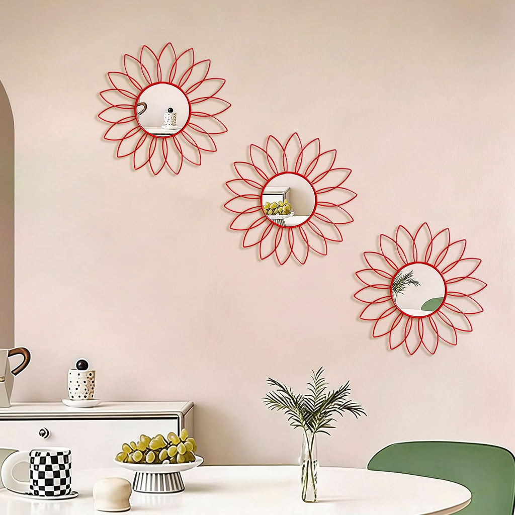 3 Pack Metal Mirrors for Wall Sunburst Wall Mirrors Home Décor Decorative Hanging Wall Art for Living Room Bedroom Entryway (Gold, Flower+Sunburst)