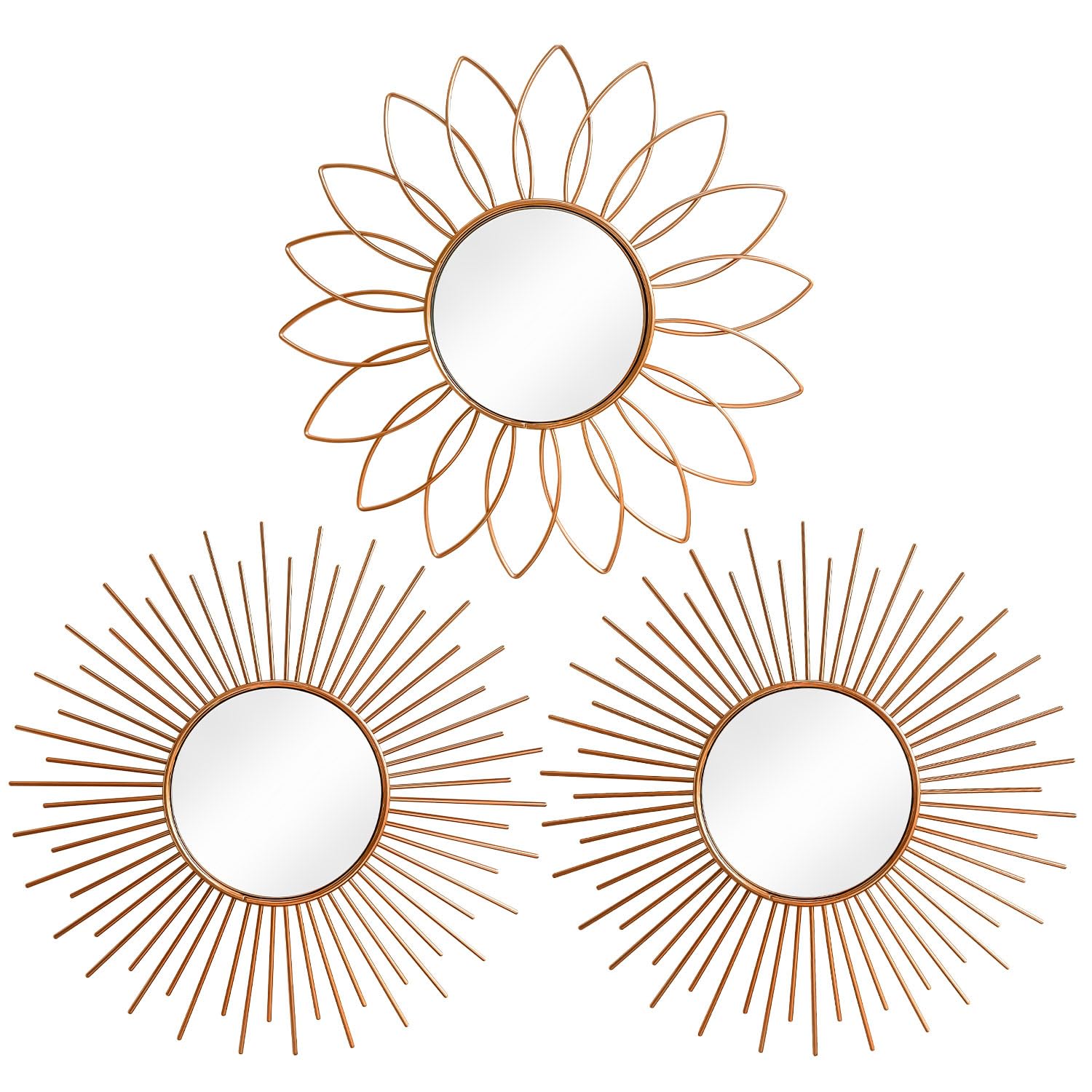3 Pack Metal Mirrors for Wall Sunburst Wall Mirrors Home Décor Decorative Hanging Wall Art for Living Room Bedroom Entryway (Gold, Flower+Sunburst)