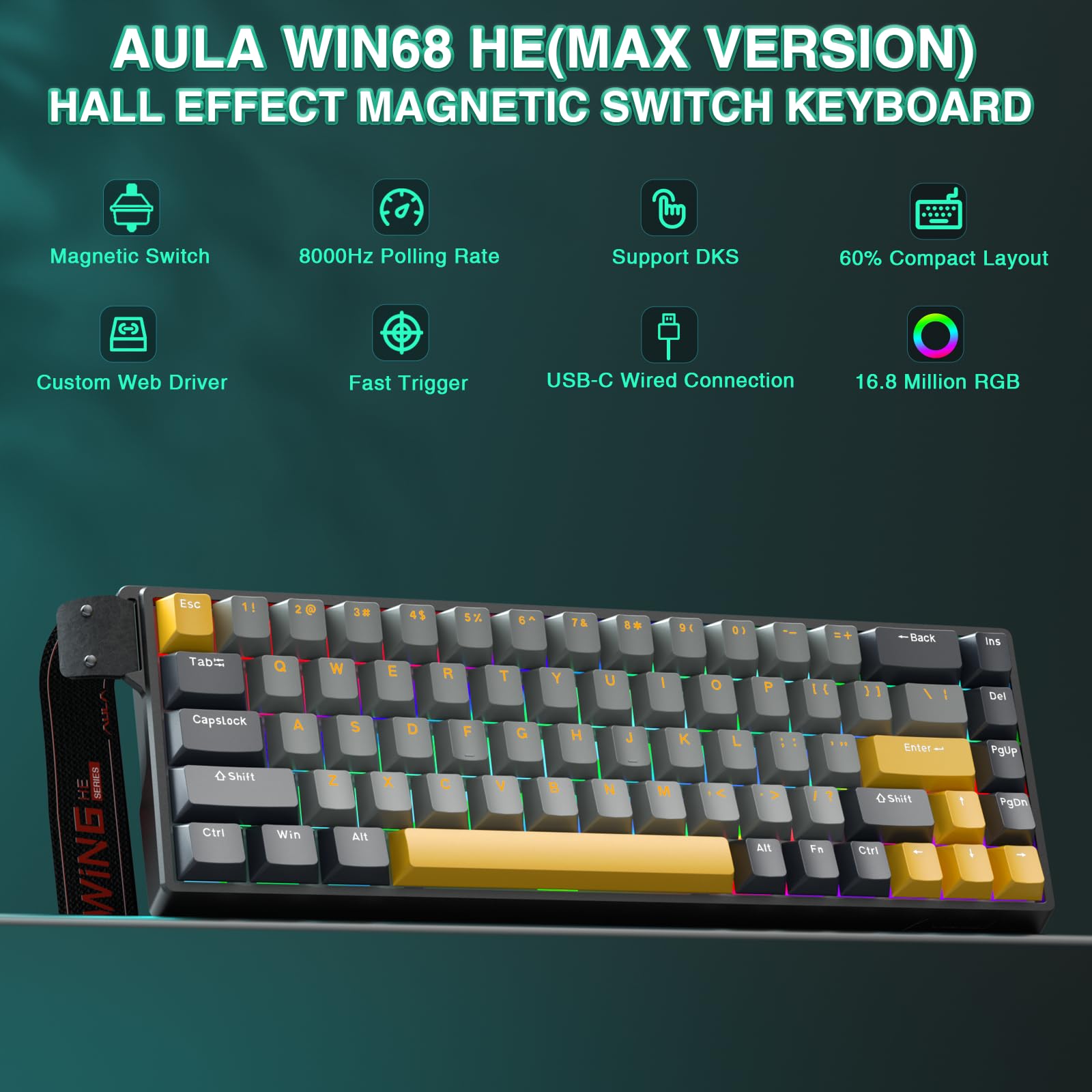 AULA WIN68 HE Mechanical Gaming Keyboard 60%, Hall Effect Magnetic Switch, Fast Trigger Mode Adjustable Actuation, 8000Hz Polling Rate, RGB Backlit, Wired Black Keyboard for Laptop/PC Gamer