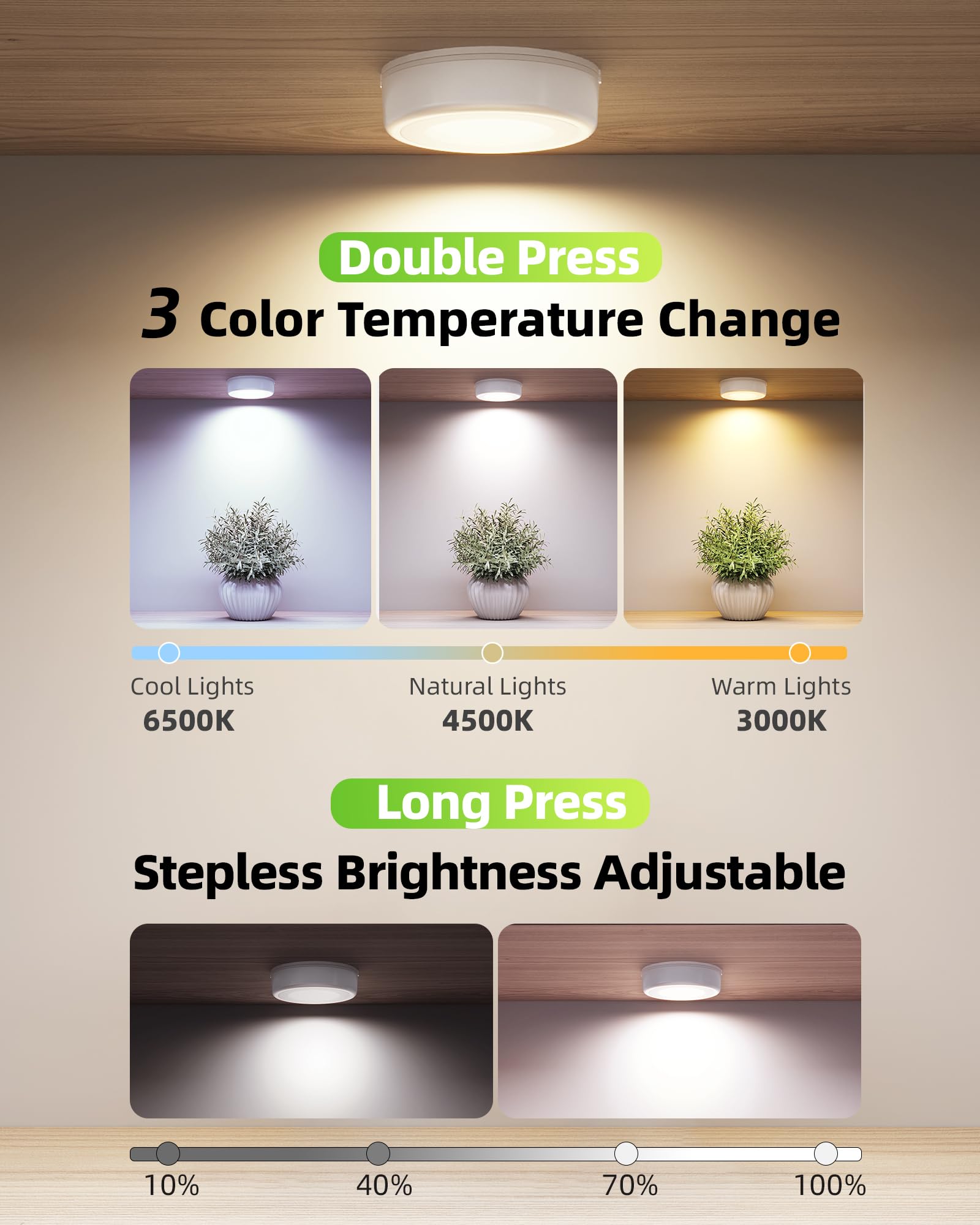 EZVALO LED Puck Lights, Rechargeable Battery Touch Light, 2.5'' Mini Tap Lights, Wireless Closet Light, Under Cabinet Lighting, 3 Color Temps, Stick On Lights Kitchen,Closet,Pantry(2 Pack)