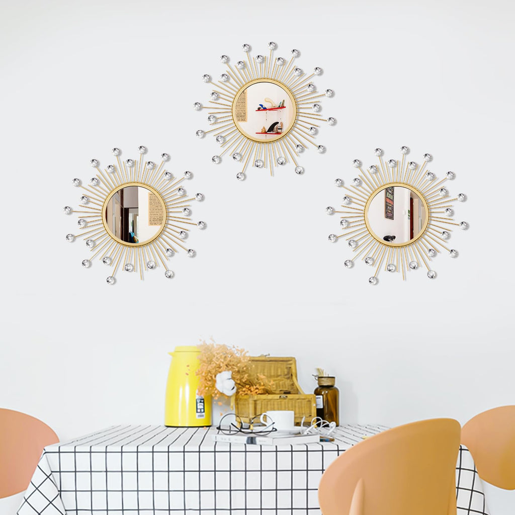3 Pack Metal Mirrors for Wall Sunburst Wall Mirrors Home Décor Decorative Hanging Wall Art for Living Room Bedroom Entryway (Gold, Flower+Sunburst)