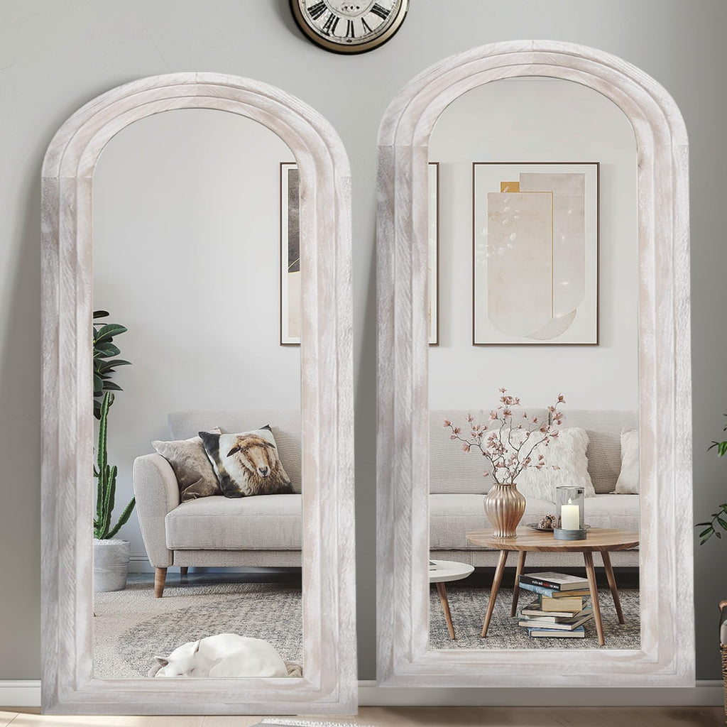 ZHUNFA Arched Full Length Mirror with Solid Wood Frame, 71x32 Farmhouse Wall Mounted Floor Mirror with Stand, Vertical Hanging, Leaning Standing for Bedroom, Living Room, Brown