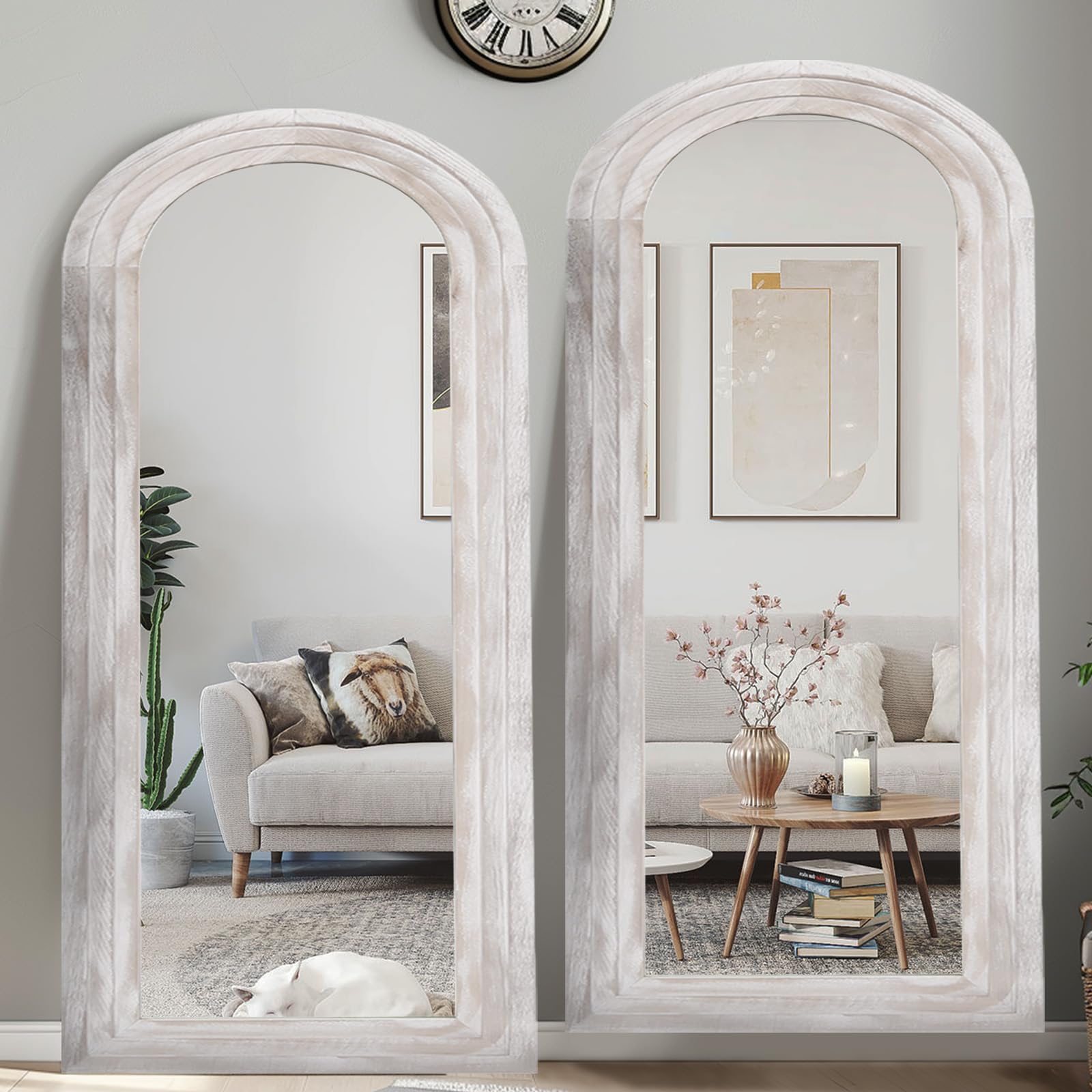 ZHUNFA Arched Full Length Mirror with Solid Wood Frame, 71x32 Farmhouse Wall Mounted Floor Mirror with Stand, Vertical Hanging, Leaning Standing for Bedroom, Living Room, Brown