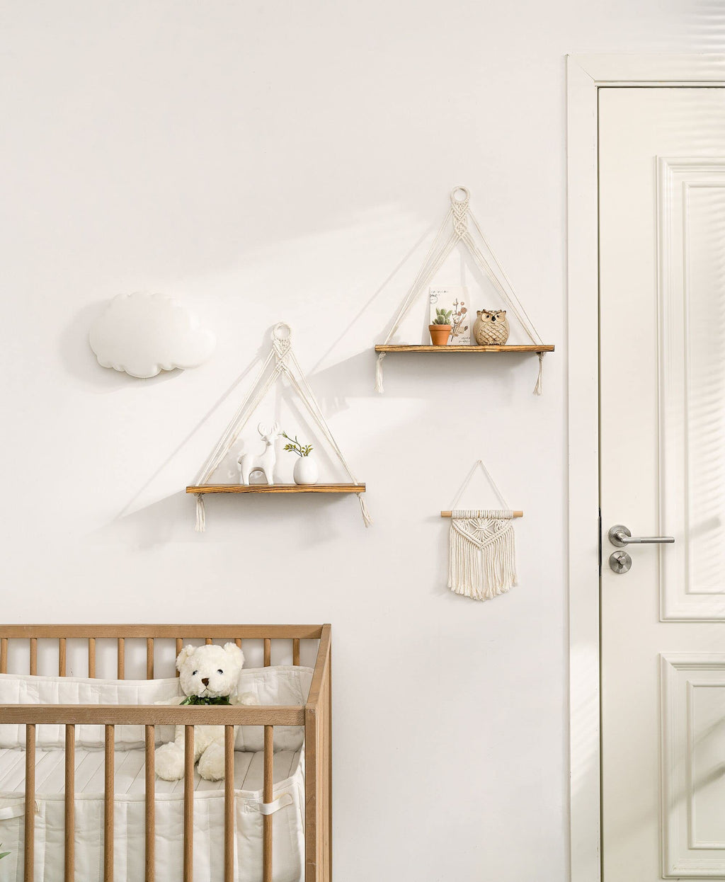 Mkono Macrame Hanging Shelves Boho Wall Decor Set of 2 Rustic Wood Floating Storage Shelf for Bedroom Bathroom Living Room Nursery Dorm Room, Display Shelving for Hanging Plants Photos