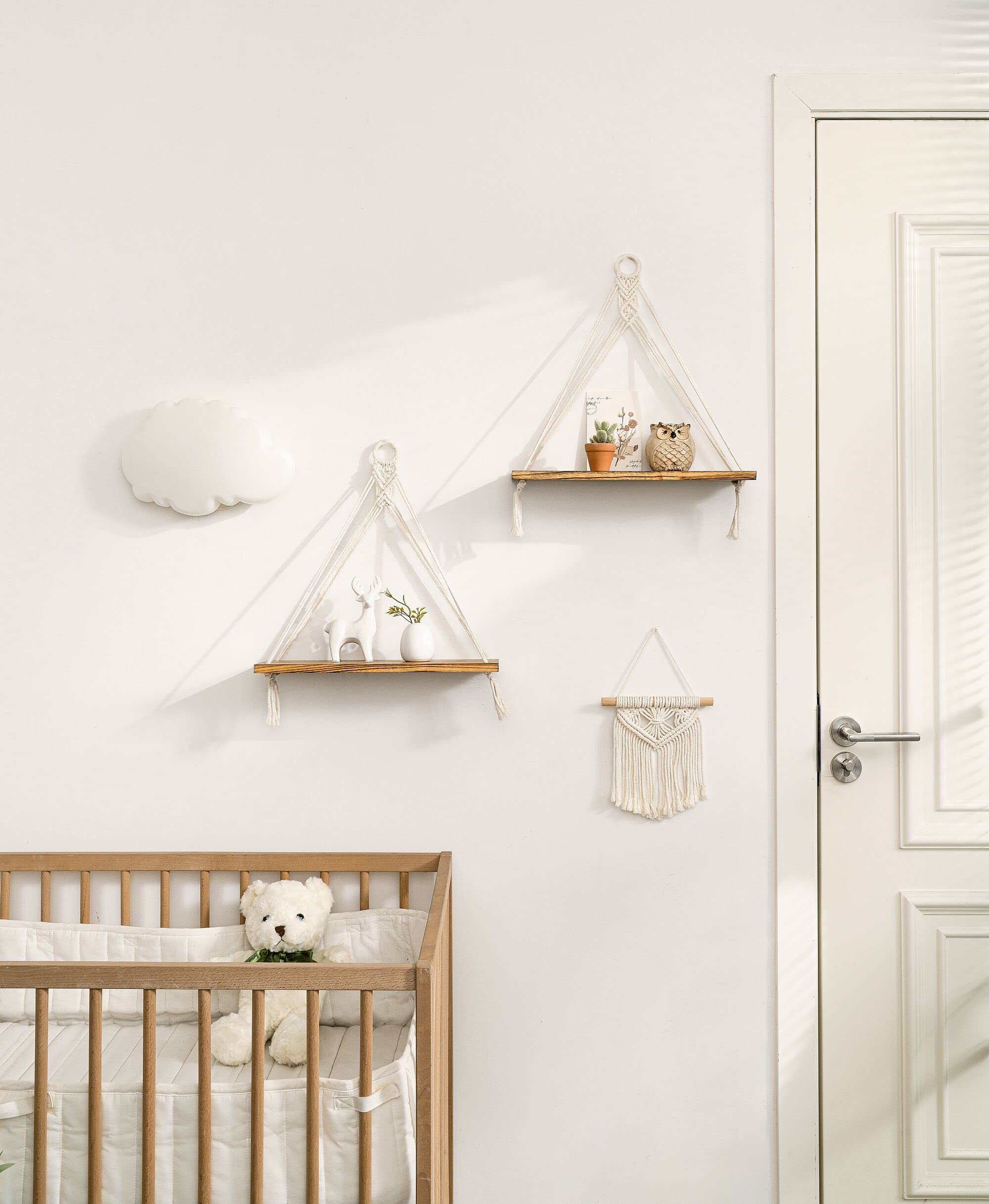 Mkono Macrame Hanging Shelves Boho Wall Decor Set of 2 Rustic Wood Floating Storage Shelf for Bedroom Bathroom Living Room Nursery Dorm Room, Display Shelving for Hanging Plants Photos