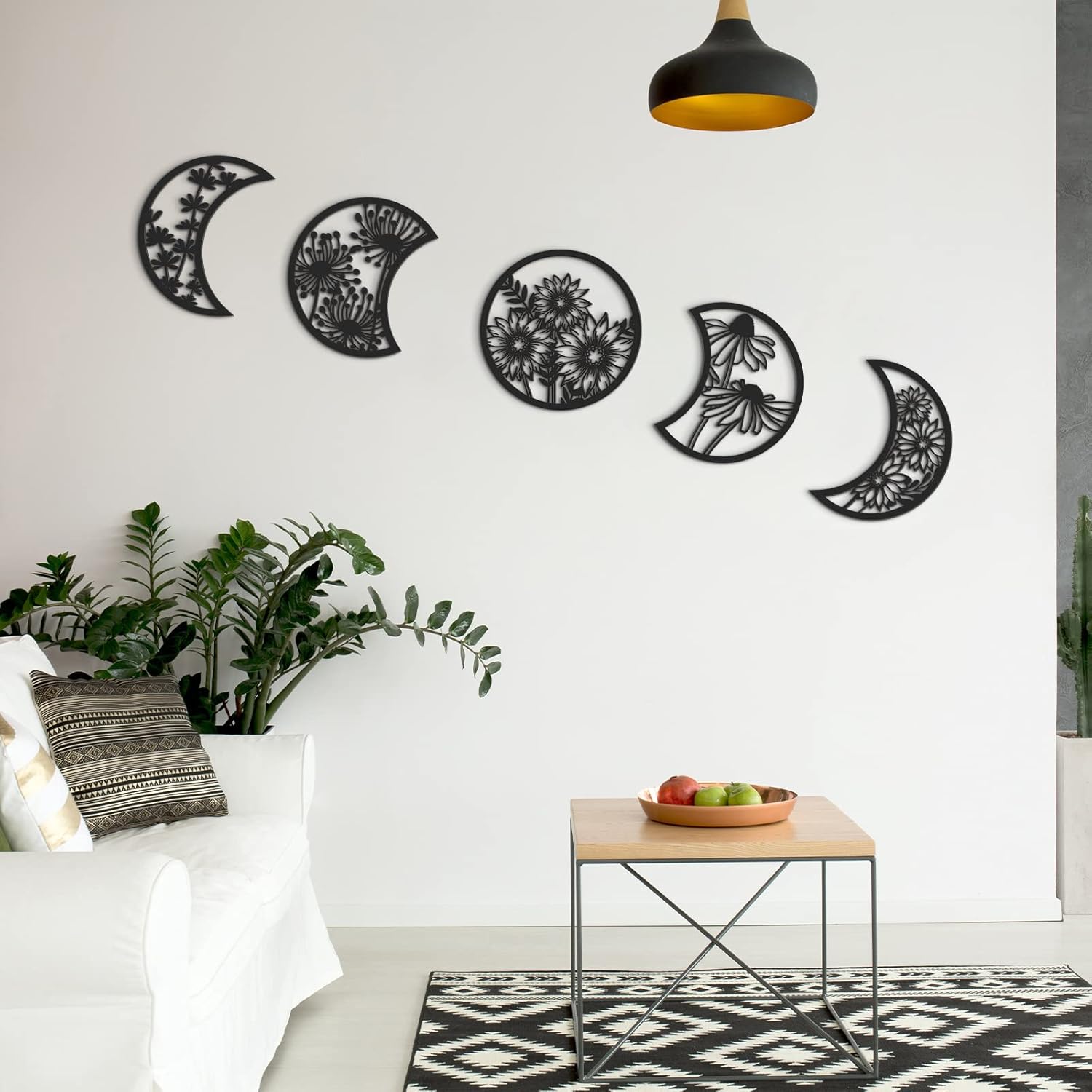 Jetec 5 Pcs Moon Phase Wall Art Decor Wall Pediments Hanging Wooden Phase Spiritual Bedroom Nordic Boho Lunar Aesthetic Art for Living Room Dorm Apartment Ornament (Black,10.6 Inch,Flower)