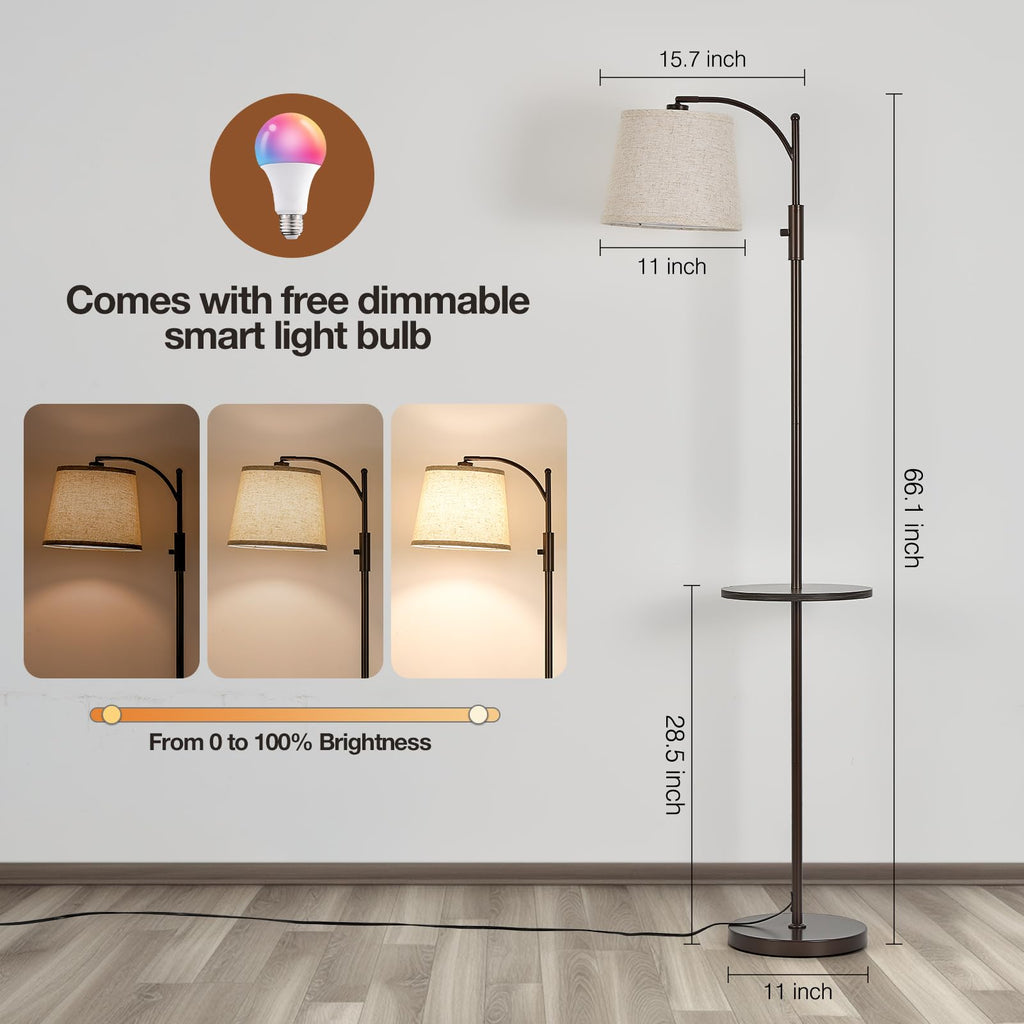 AIDENOEY Fully Dimmable Floor Lamp for Living Room，Standing Lamp Rotary Switch with Table&Linen Beige Shade，Golden Tall Lamps for Bedroom with Adjust Head，9W LED Bulb Included