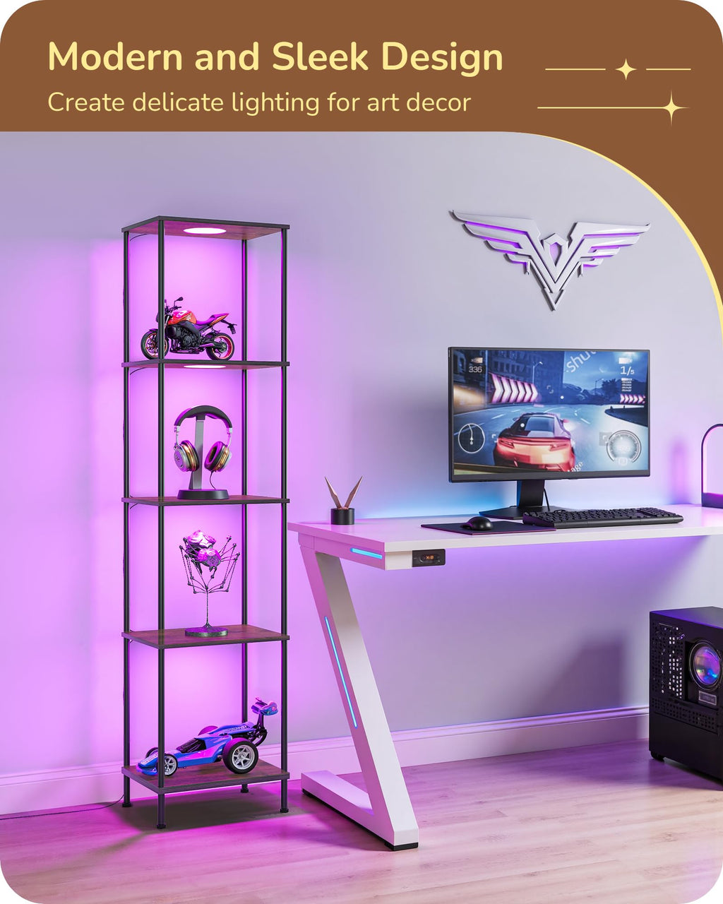 EDISHINE RGBW Modern Floor Lamp, 5-Tier Display Shelf with Light, Adjustable Brightness & Color Temperature, 3 Lighting Modes, Remote Control, Stable Floor Lamps for Living Room, Bedroom, Study, Black