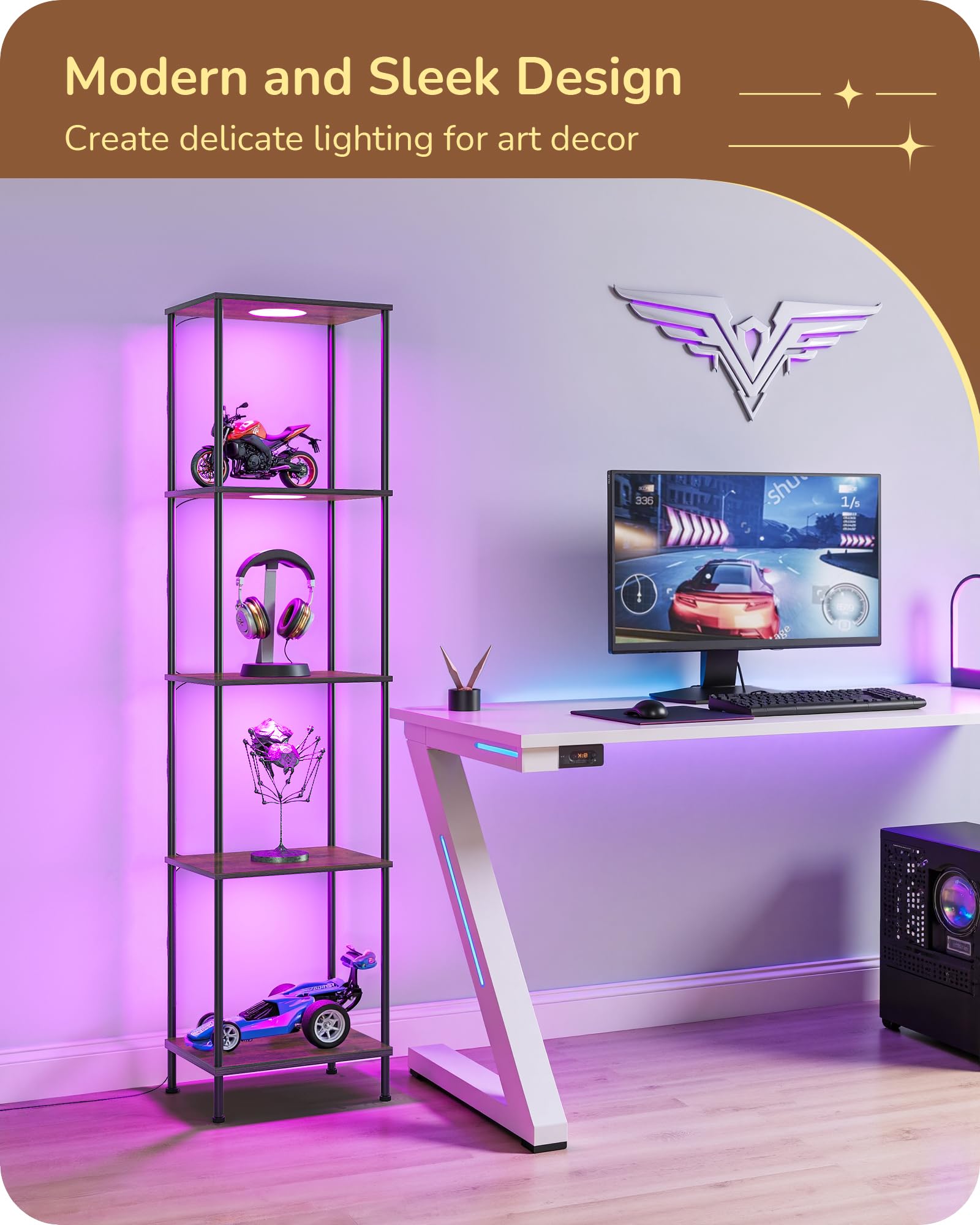 EDISHINE RGBW Modern Floor Lamp, 5-Tier Display Shelf with Light, Adjustable Brightness & Color Temperature, 3 Lighting Modes, Remote Control, Stable Floor Lamps for Living Room, Bedroom, Study, Black