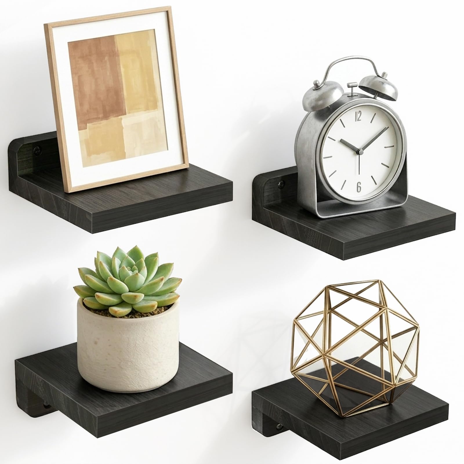 Fixwal Wall Shelves, 5x5 Inches Small Floating Shelf, Rustic Wood Wall Mounted Shelves for Bedroom, Living Room, Kitchen, Bathroom Decor (Set of 4, Black)