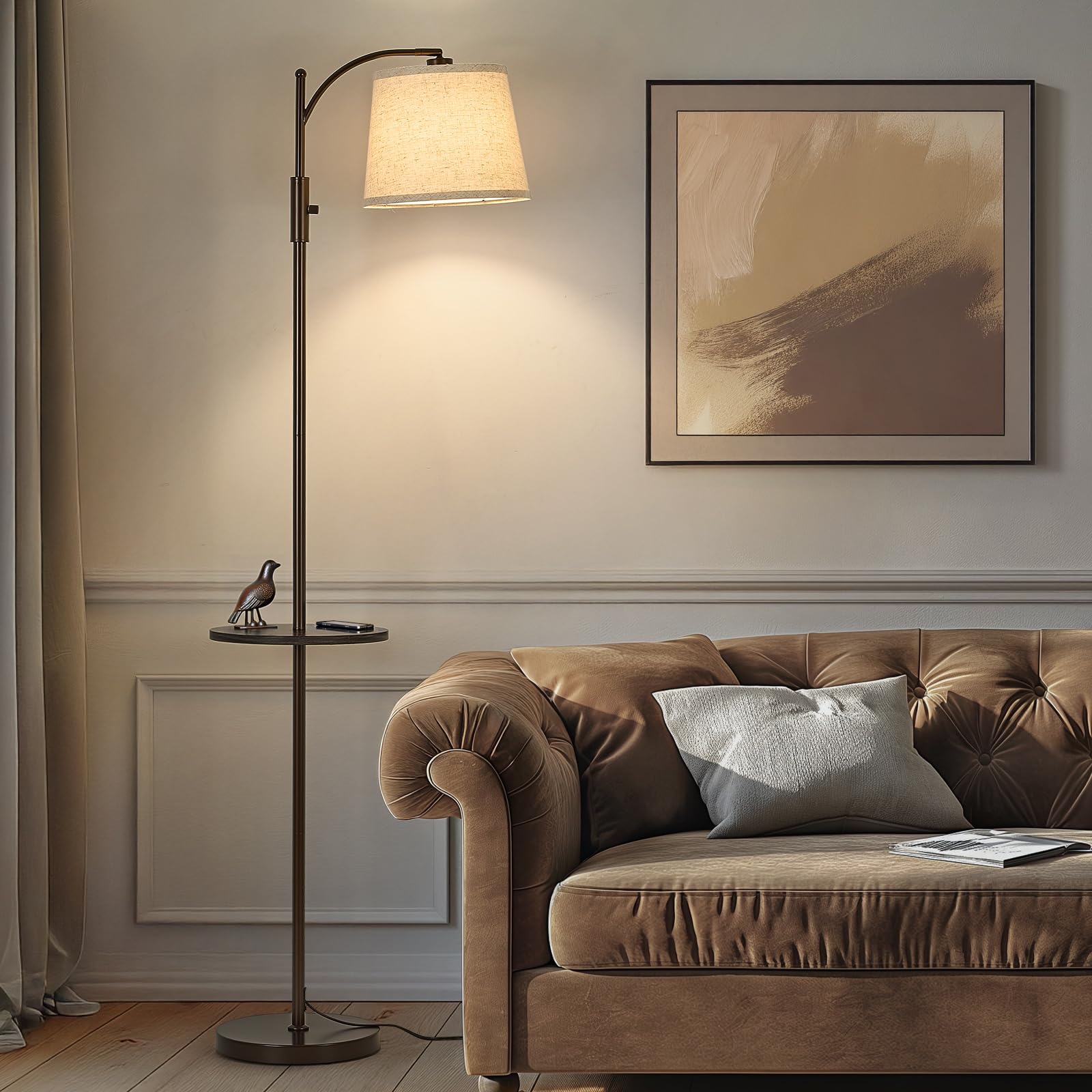 AIDENOEY Fully Dimmable Floor Lamp for Living Room，Standing Lamp Rotary Switch with Table&Linen Beige Shade，Golden Tall Lamps for Bedroom with Adjust Head，9W LED Bulb Included