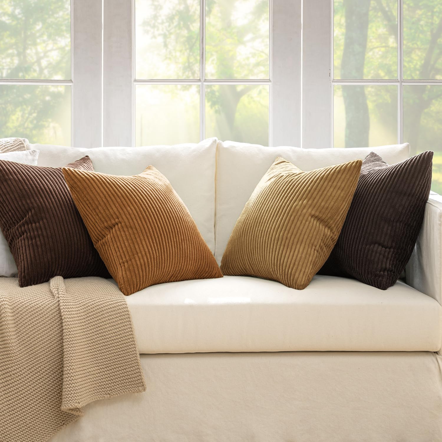 MIULEE Boho Farmhouse Sage Green Throw Pillow Covers 18x18 Inch Set of 4 Mordern Nordic Cushion Covers Soft Corduroy Spring Home Decor for Couch Bed Sofa Living Room Forest Green