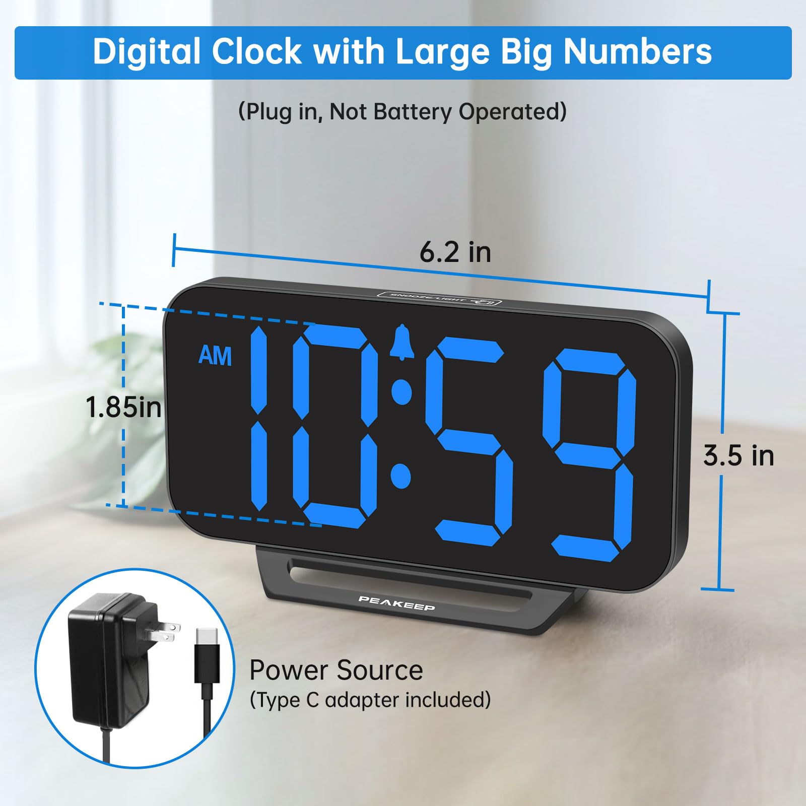Peakeep Slim Digital Mirror Aesthetic Alarm Clock for Bedrooms Desk Decor - Plug in Electric Big LED Modern Small Clock for Office Living Room, Battery Backup, 6 Dimmers (Gold)