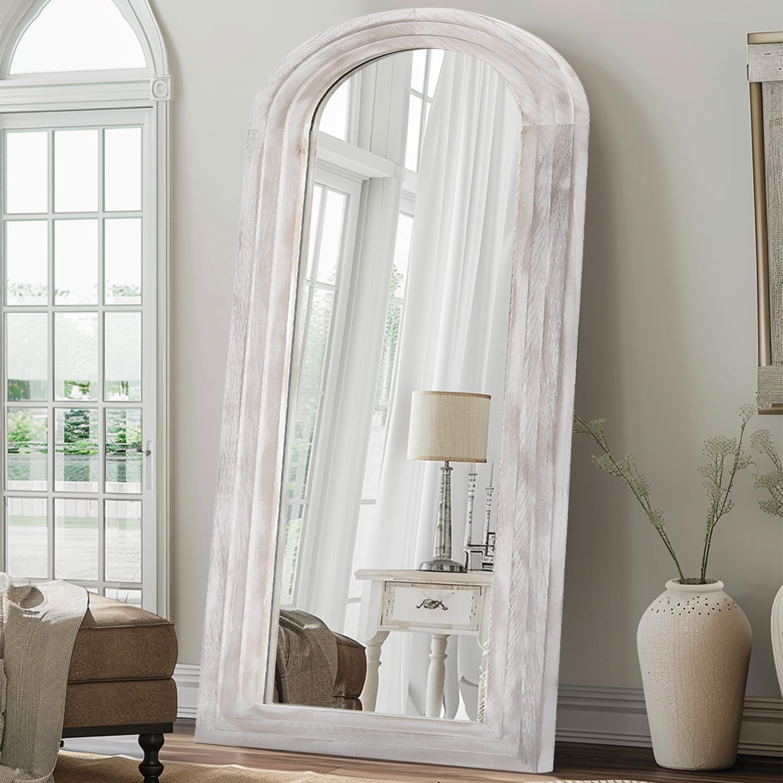 ZHUNFA Arched Full Length Mirror with Solid Wood Frame, 71x32 Farmhouse Wall Mounted Floor Mirror with Stand, Vertical Hanging, Leaning Standing for Bedroom, Living Room, Brown