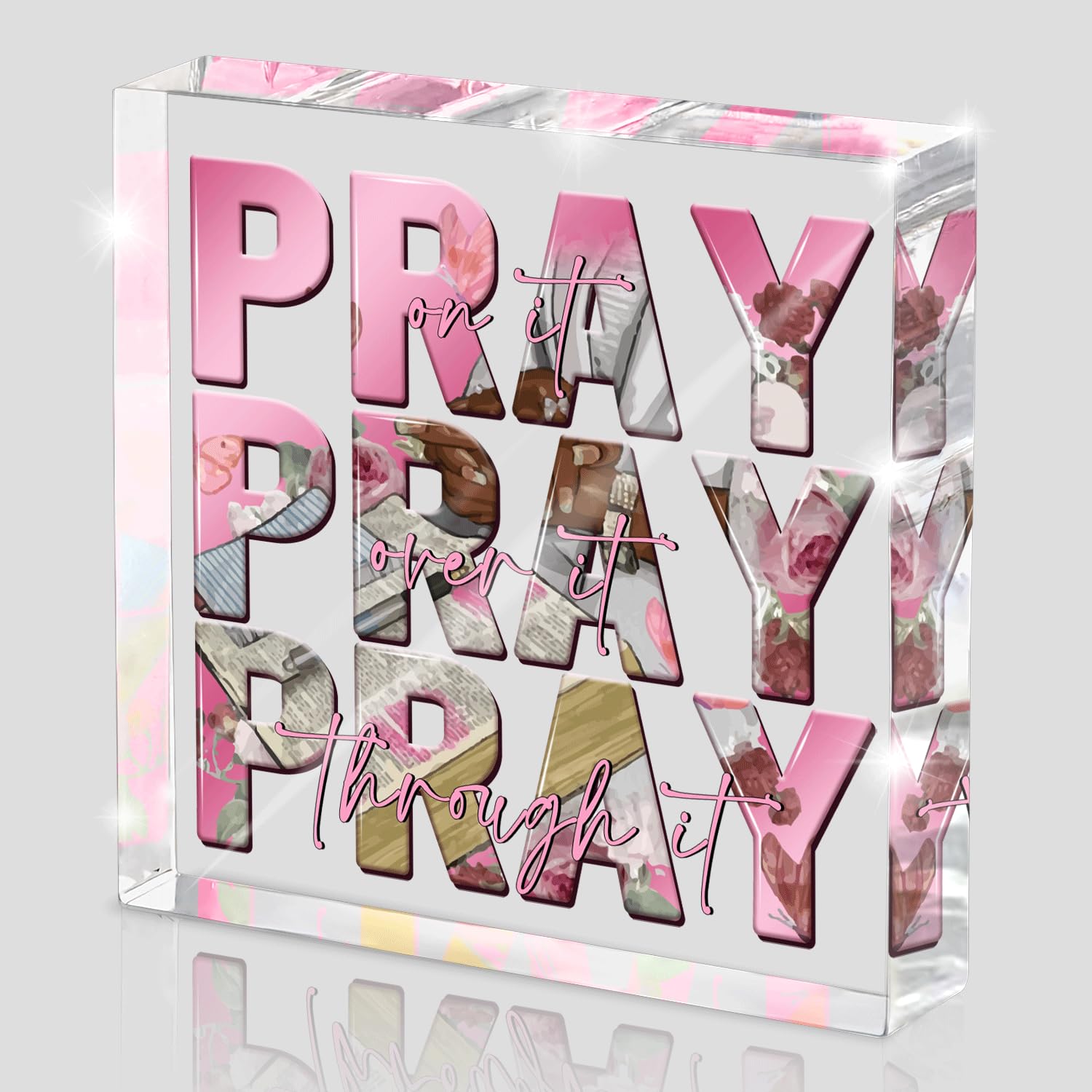 Pink Inspirational Decor Pray Over It Bible Verse Wall Art Christian Gifts for Women, 4x 4 Inches Office Desk Accessories Decor Sign, Pink Dorm Room Decoration for Women - Pray on it Pray through it