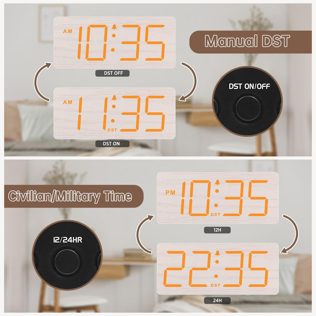 DreamSky Wooden Digital Alarm Clock for Bedroom - Desk Clock for Living Room with Large Numbers, Dimmer, Loud Alarm for Heavy Sleepers with Volume Control, DST, Office Wood Decor (Plug in Clock)
