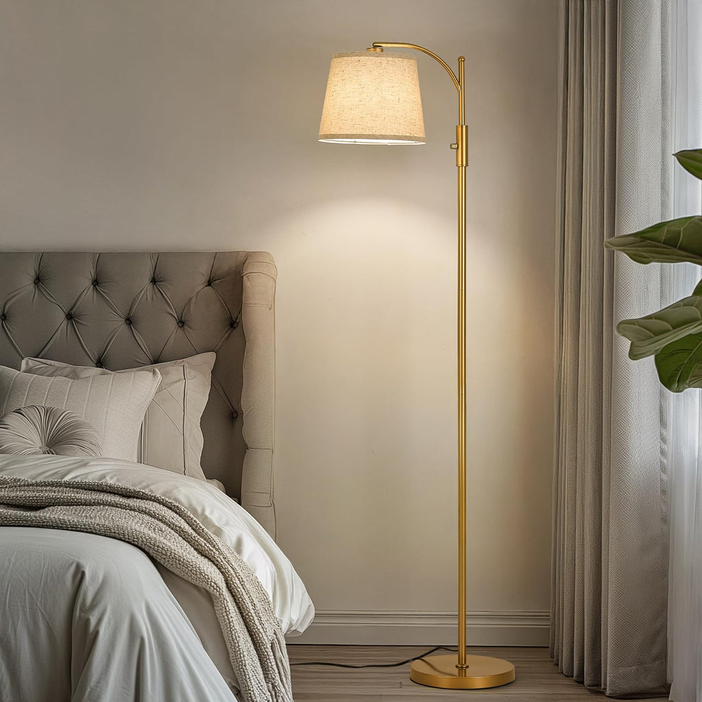 AIDENOEY Fully Dimmable Floor Lamp for Living Room，Standing Lamp Rotary Switch with Table&Linen Beige Shade，Golden Tall Lamps for Bedroom with Adjust Head，9W LED Bulb Included