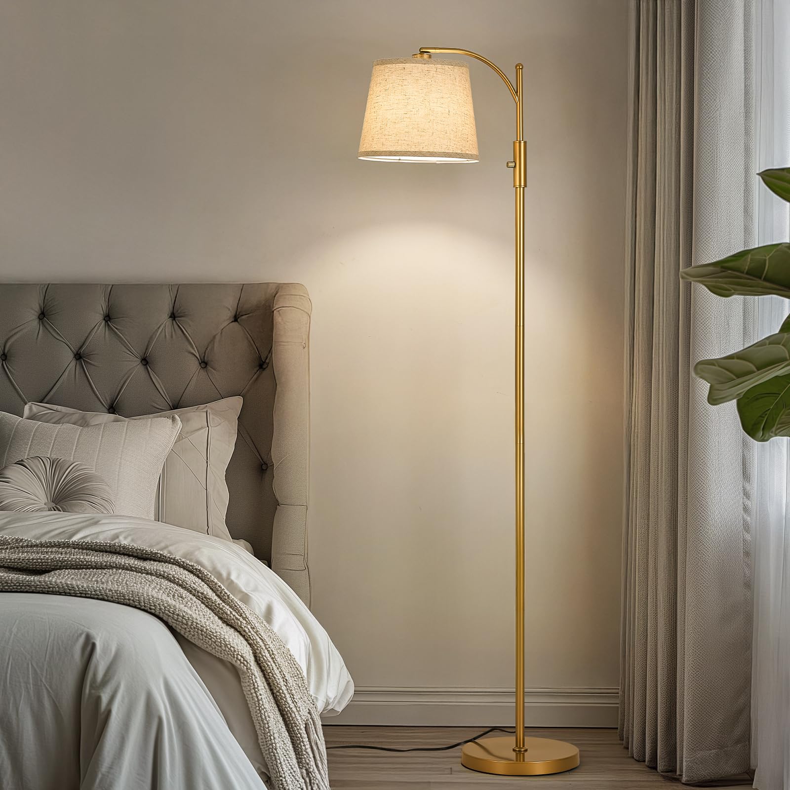 AIDENOEY Fully Dimmable Floor Lamp for Living Room，Standing Lamp Rotary Switch with Table&Linen Beige Shade，Golden Tall Lamps for Bedroom with Adjust Head，9W LED Bulb Included