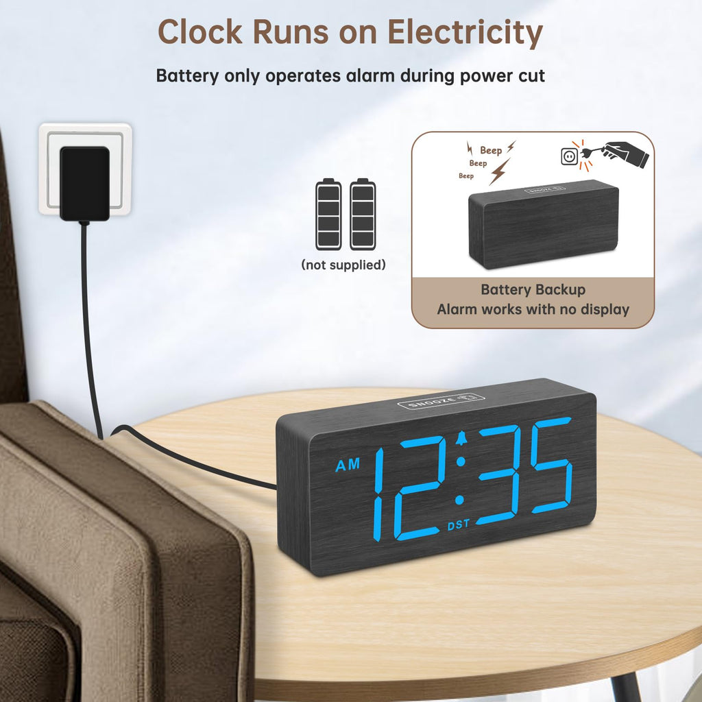 DreamSky Wooden Digital Alarm Clock for Bedroom - Desk Clock for Living Room with Large Numbers, Dimmer, Loud Alarm for Heavy Sleepers with Volume Control, DST, Office Wood Decor (Plug in Clock)