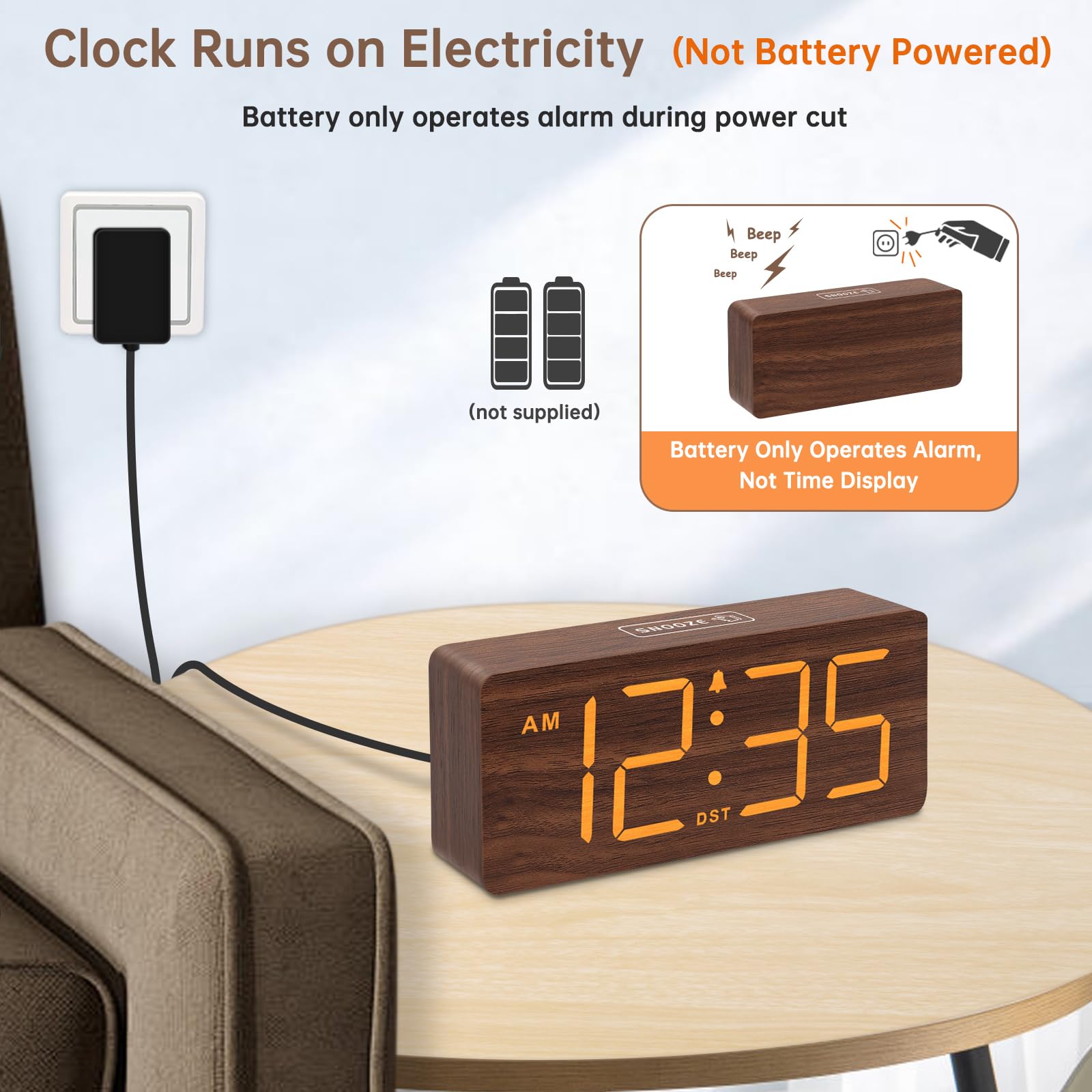 DreamSky Wooden Digital Alarm Clock for Bedroom - Desk Clock for Living Room with Large Numbers, Dimmer, Loud Alarm for Heavy Sleepers with Volume Control, DST, Office Wood Decor (Plug in Clock)