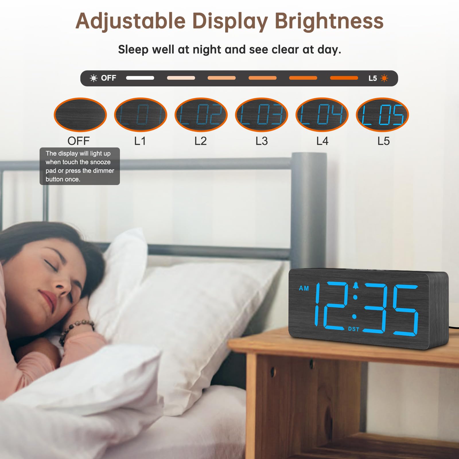 DreamSky Wooden Digital Alarm Clock for Bedroom - Desk Clock for Living Room with Large Numbers, Dimmer, Loud Alarm for Heavy Sleepers with Volume Control, DST, Office Wood Decor (Plug in Clock)