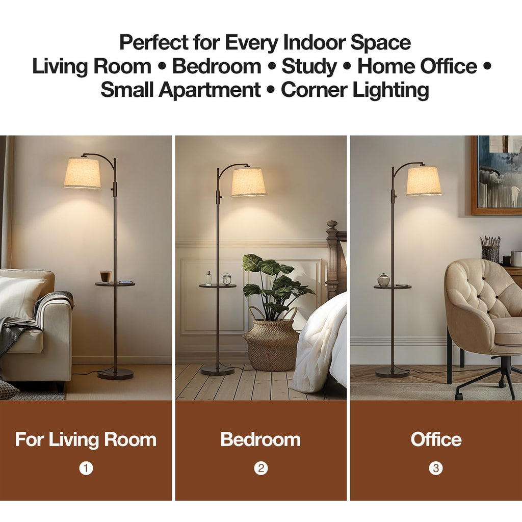 AIDENOEY Fully Dimmable Floor Lamp for Living Room，Standing Lamp Rotary Switch with Table&Linen Beige Shade，Golden Tall Lamps for Bedroom with Adjust Head，9W LED Bulb Included
