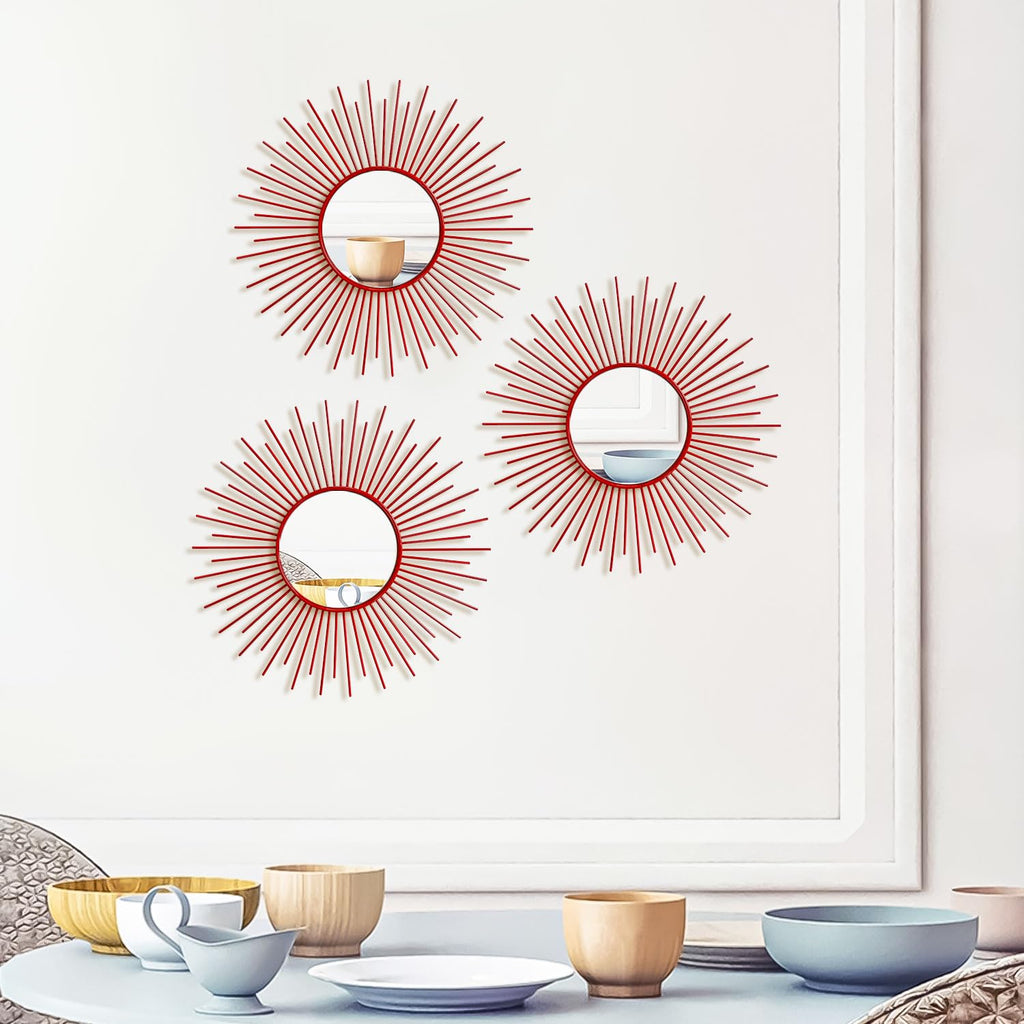 3 Pack Metal Mirrors for Wall Sunburst Wall Mirrors Home Décor Decorative Hanging Wall Art for Living Room Bedroom Entryway (Gold, Flower+Sunburst)