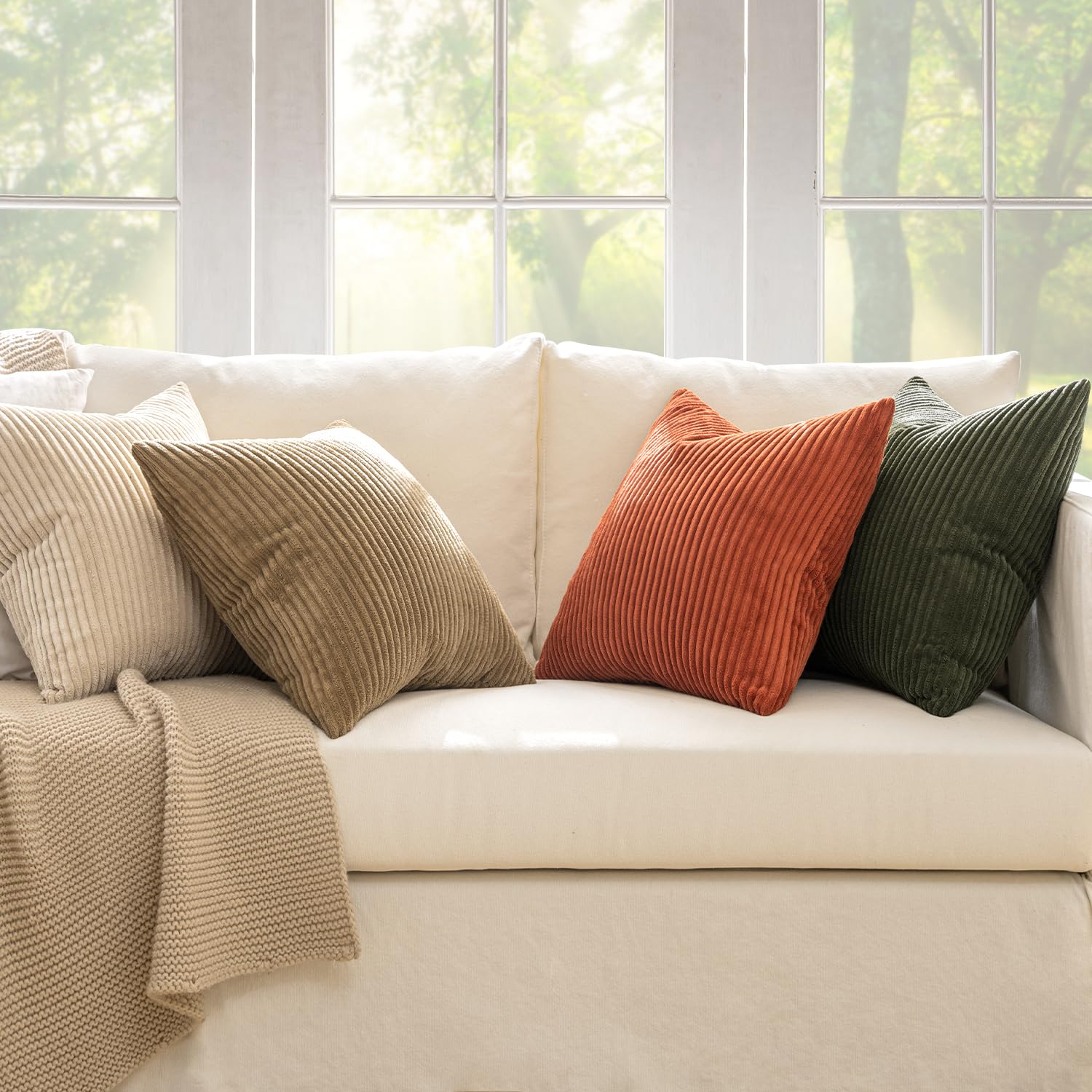 MIULEE Boho Farmhouse Sage Green Throw Pillow Covers 18x18 Inch Set of 4 Mordern Nordic Cushion Covers Soft Corduroy Spring Home Decor for Couch Bed Sofa Living Room Forest Green