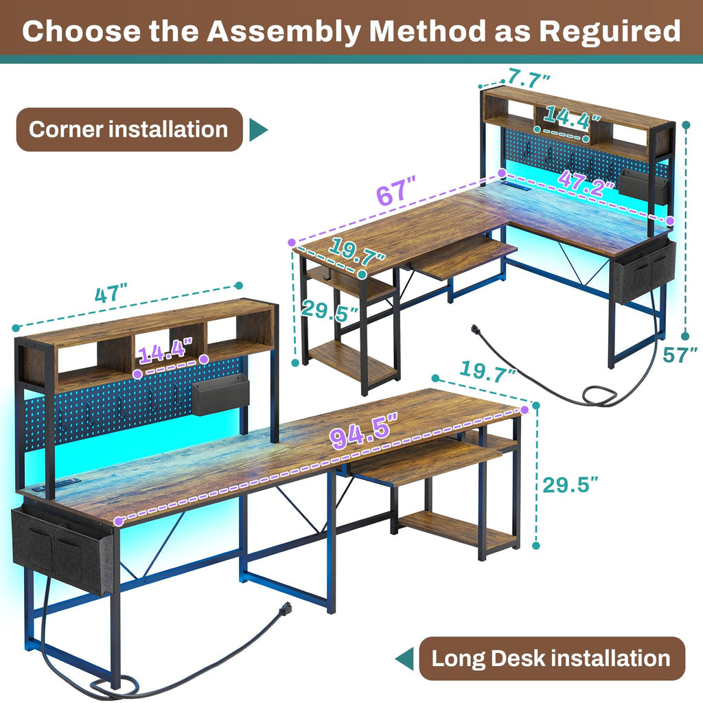 SEDETA L Shaped Gaming Desk, Reversible Computer Desk with Power Outlet and Pegboard, Gaming Desk with Led Lights, Keyboard Tray and Storage Bag for Home Office, Black
