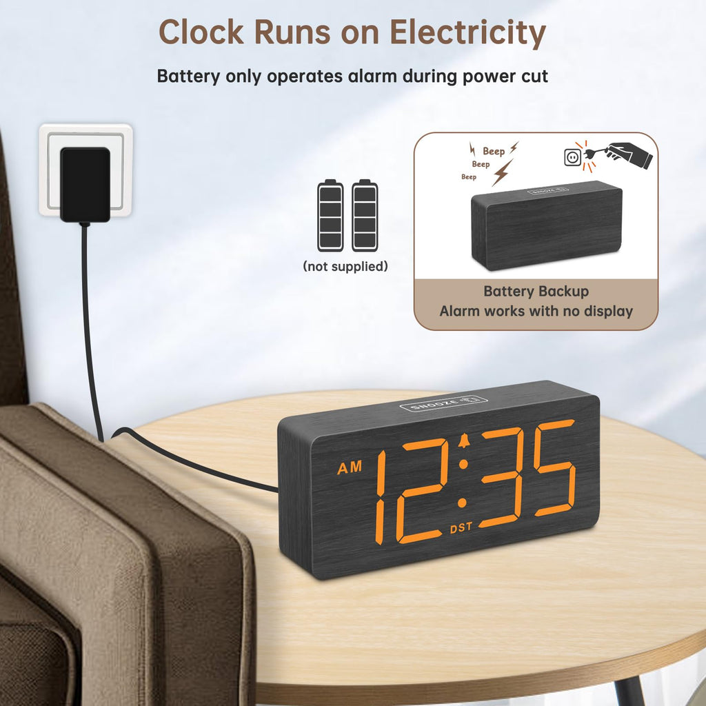 DreamSky Wooden Digital Alarm Clock for Bedroom - Desk Clock for Living Room with Large Numbers, Dimmer, Loud Alarm for Heavy Sleepers with Volume Control, DST, Office Wood Decor (Plug in Clock)