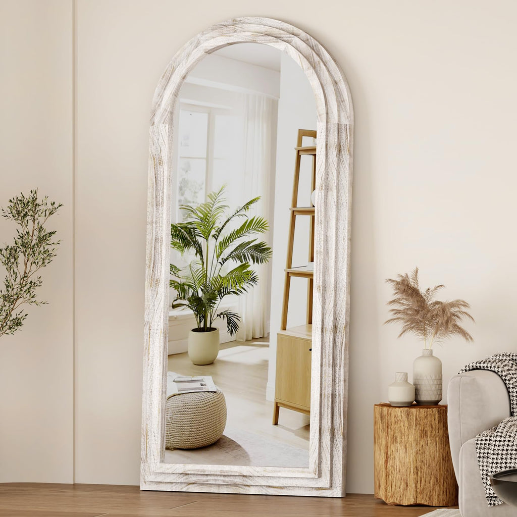 ZHUNFA Arched Full Length Mirror with Solid Wood Frame, 71x32 Farmhouse Wall Mounted Floor Mirror with Stand, Vertical Hanging, Leaning Standing for Bedroom, Living Room, Brown