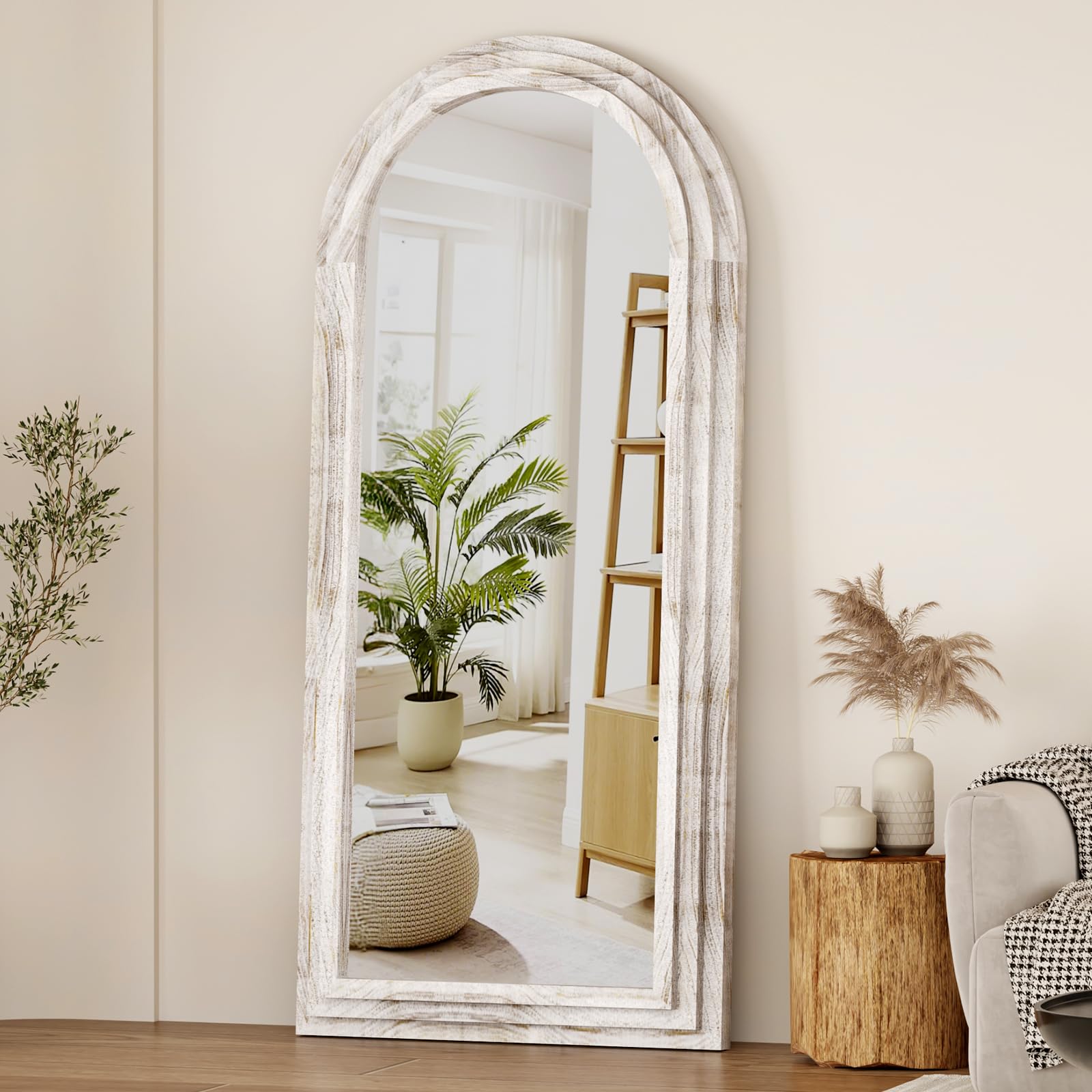 ZHUNFA Arched Full Length Mirror with Solid Wood Frame, 71x32 Farmhouse Wall Mounted Floor Mirror with Stand, Vertical Hanging, Leaning Standing for Bedroom, Living Room, Brown