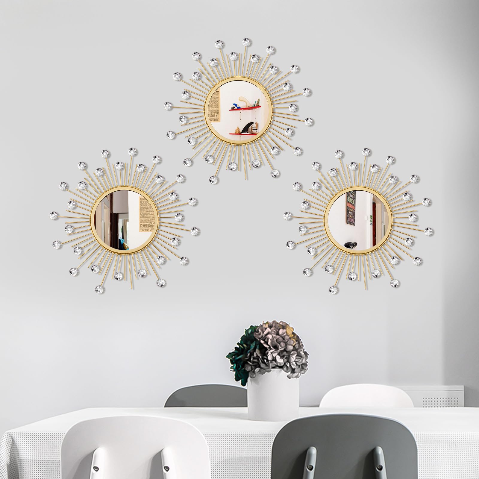3 Pack Metal Mirrors for Wall Sunburst Wall Mirrors Home Décor Decorative Hanging Wall Art for Living Room Bedroom Entryway (Gold, Flower+Sunburst)