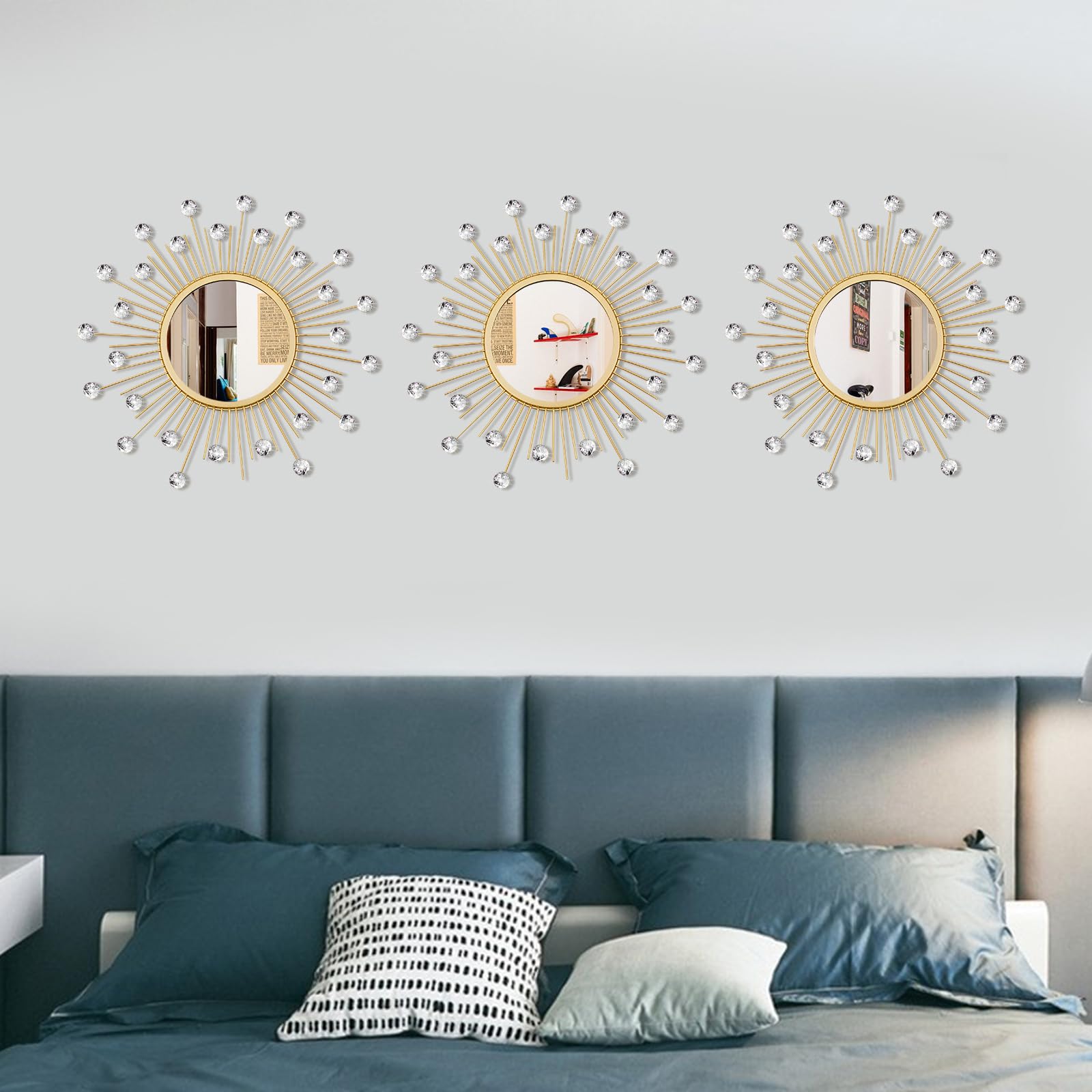 3 Pack Metal Mirrors for Wall Sunburst Wall Mirrors Home Décor Decorative Hanging Wall Art for Living Room Bedroom Entryway (Gold, Flower+Sunburst)
