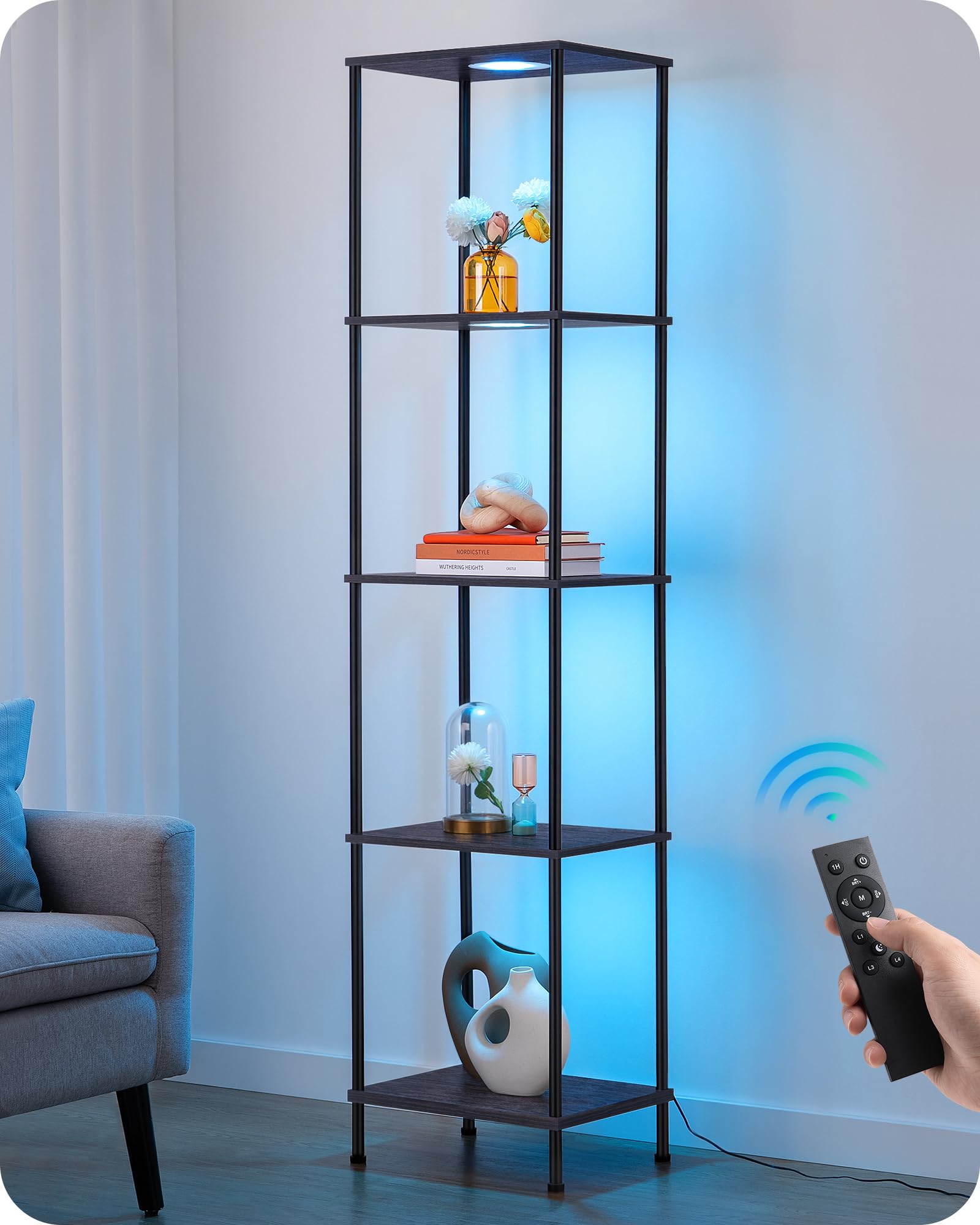 EDISHINE RGBW Modern Floor Lamp, 5-Tier Display Shelf with Light, Adjustable Brightness & Color Temperature, 3 Lighting Modes, Remote Control, Stable Floor Lamps for Living Room, Bedroom, Study, Black