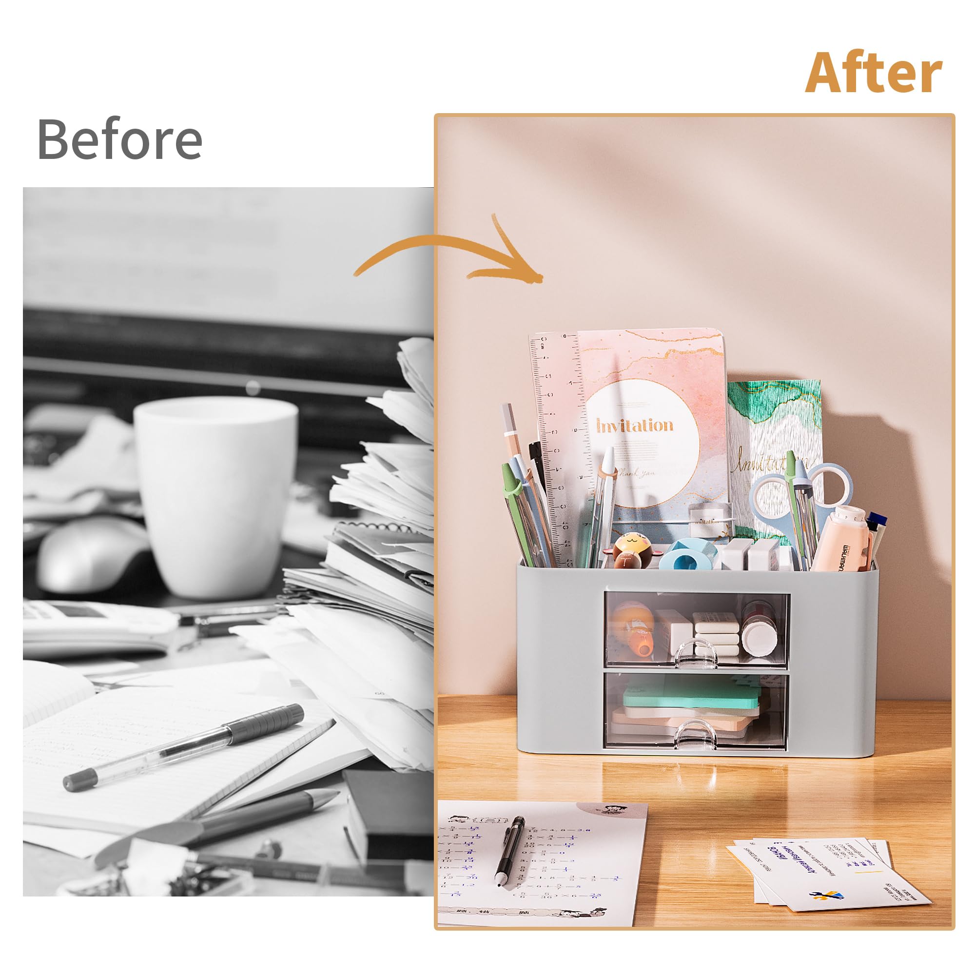 Marbrasse Pen Organizer with 2 Drawer, Multi-Functional Pencil Holder for Desk, Desk Organizers and Accessories with 5 Compartments + Drawer for Office Art Supplies (White)